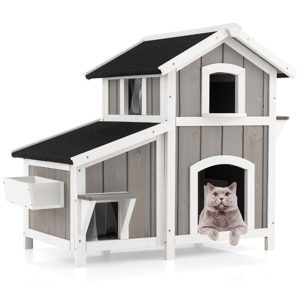 Kattenshus – Utomhus vånings kattstuga Kattvilla med asfaltstak – 2 100 x 64 x 82,5 cm – Grå