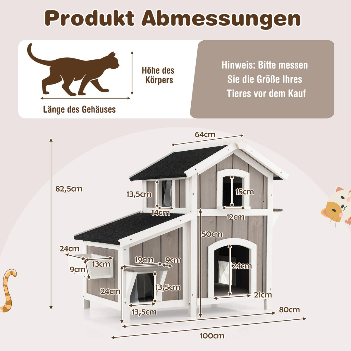 Kattenshus – Utomhus vånings kattstuga Kattvilla med asfaltstak – 2 100 x 64 x 82,5 cm – Grå