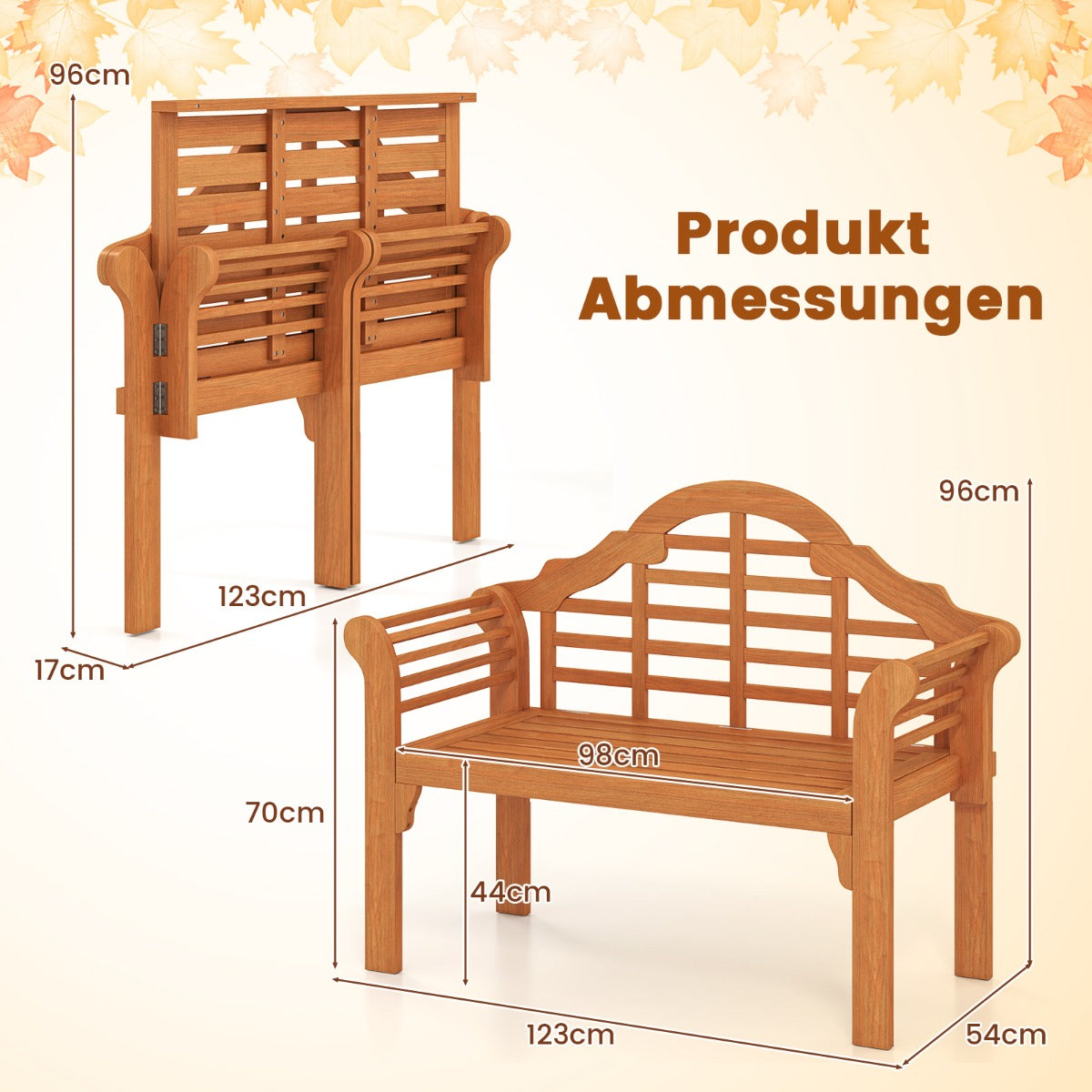 Trädgårdsbänk – hopfällbar i trä för utomhusbruk – 123 x 54 x 96 cm – Natur