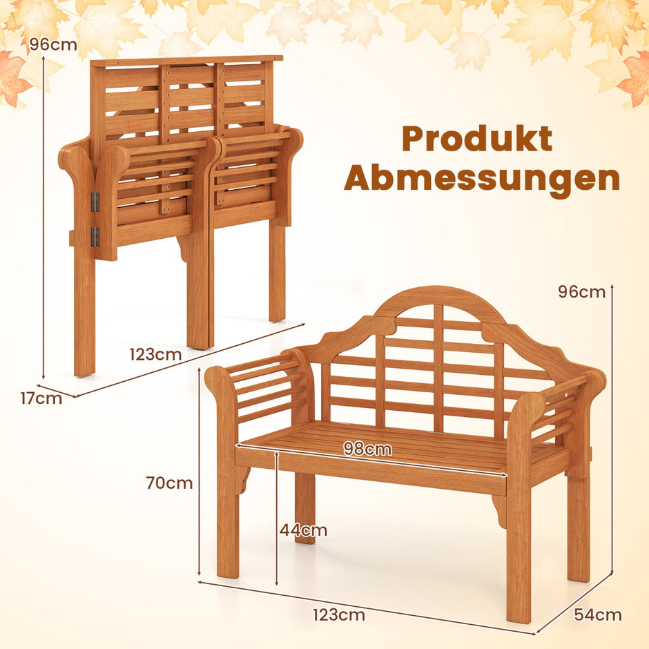 Trädgårdsbänk – hopfällbar i trä för utomhusbruk – 123 x 54 x 96 cm – Natur