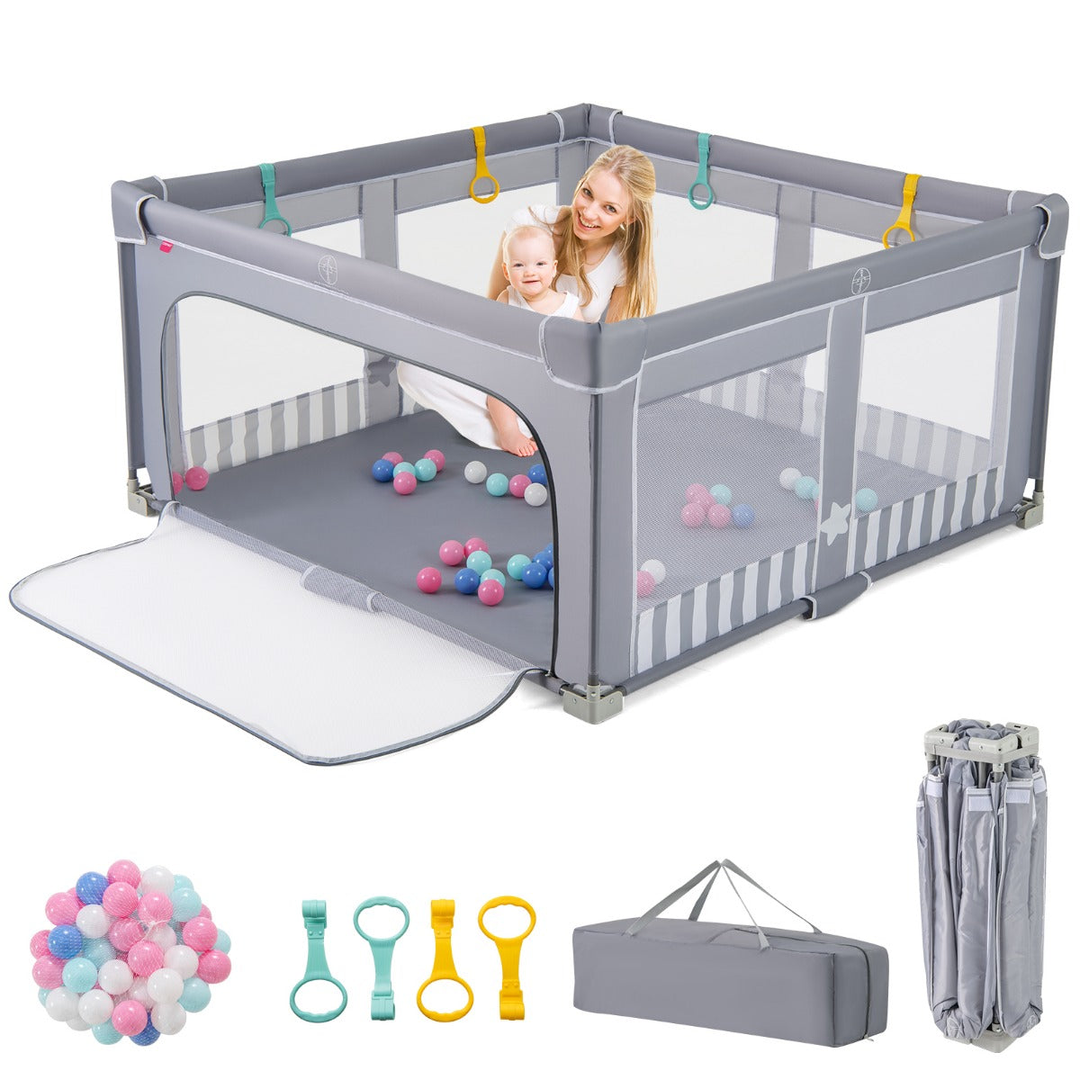 Fällbar – Spärr för Baby med Bollar, Handtag och Dragkedjeöppning – 50 4 150 x 150 cm – Ljusgrå