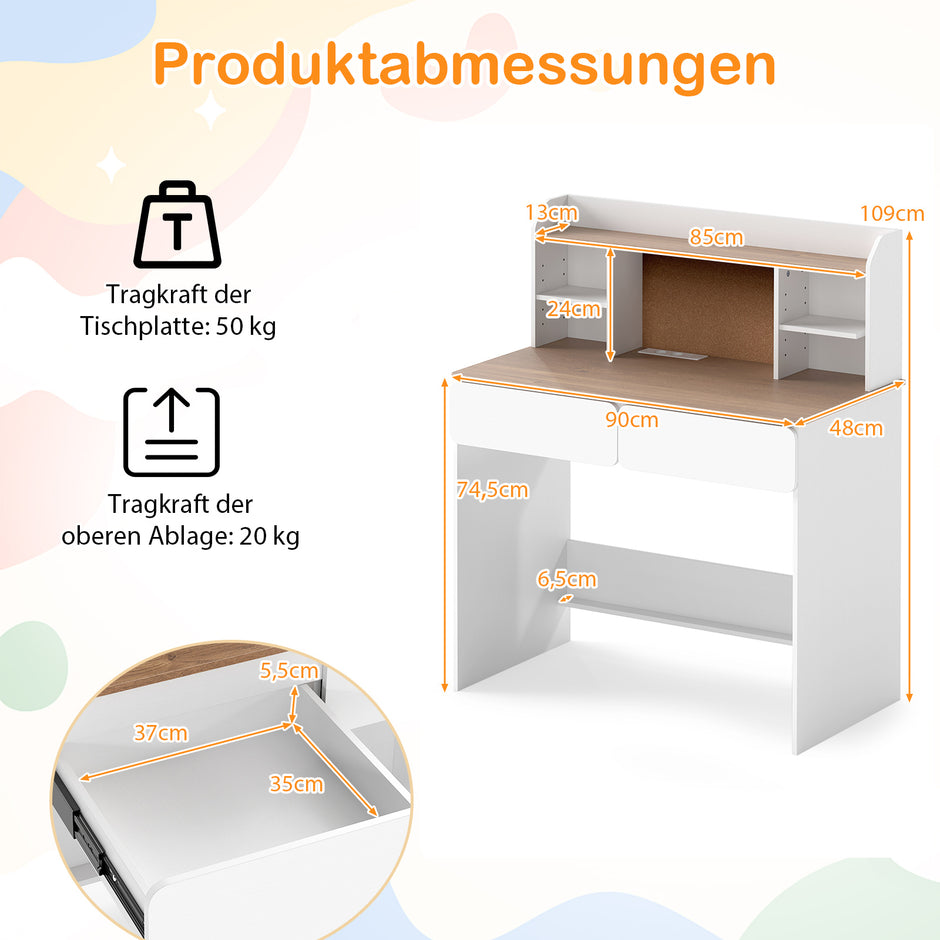 Barnskrivbord – stabilt träskrivbord med korktavla laddstation rymligt vitt – Vit
