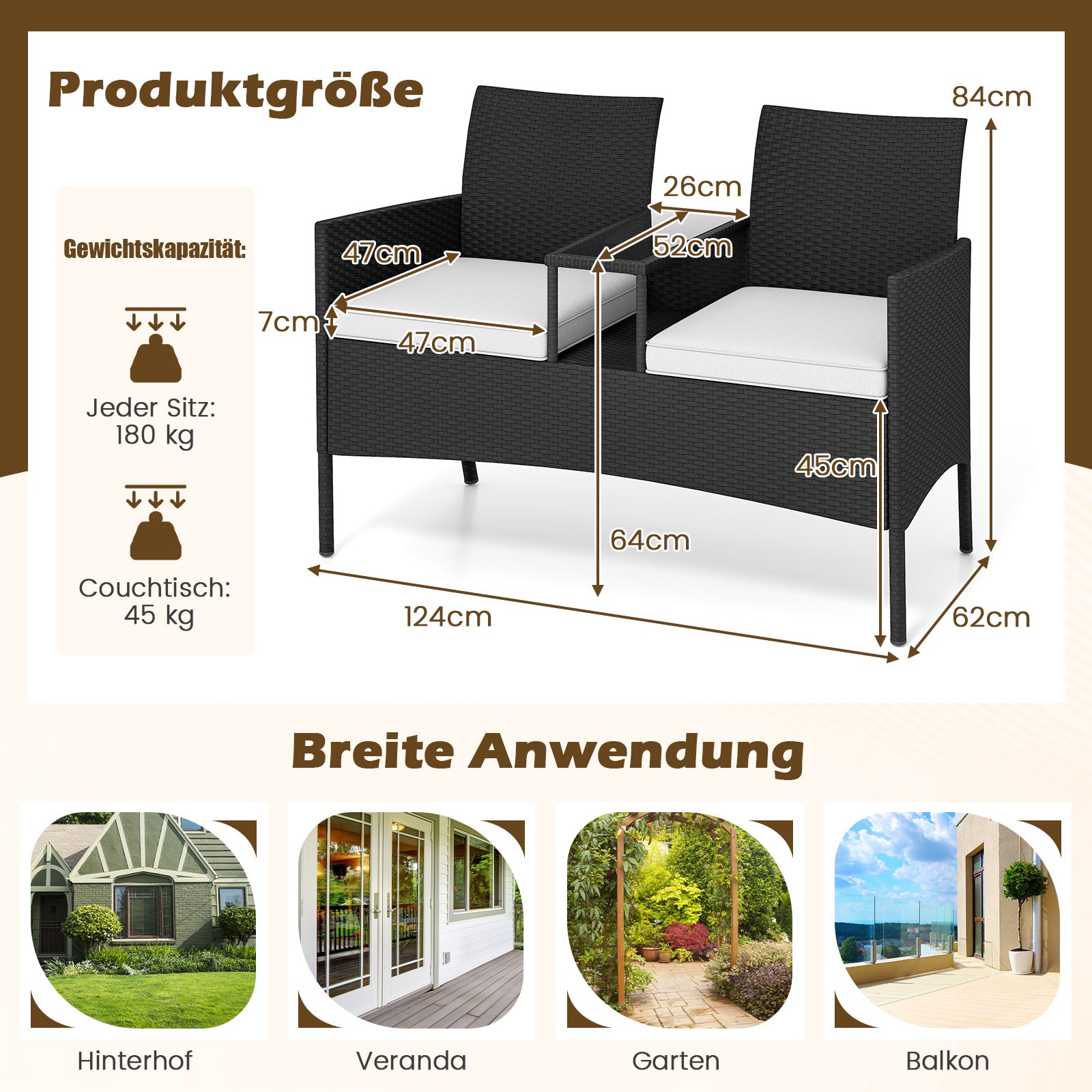 Trädgårdsbänk – med bord sits Polyrattan sittbänk sittgrupp trädgårdsmöbler terrassmöbler – 2 – Svart