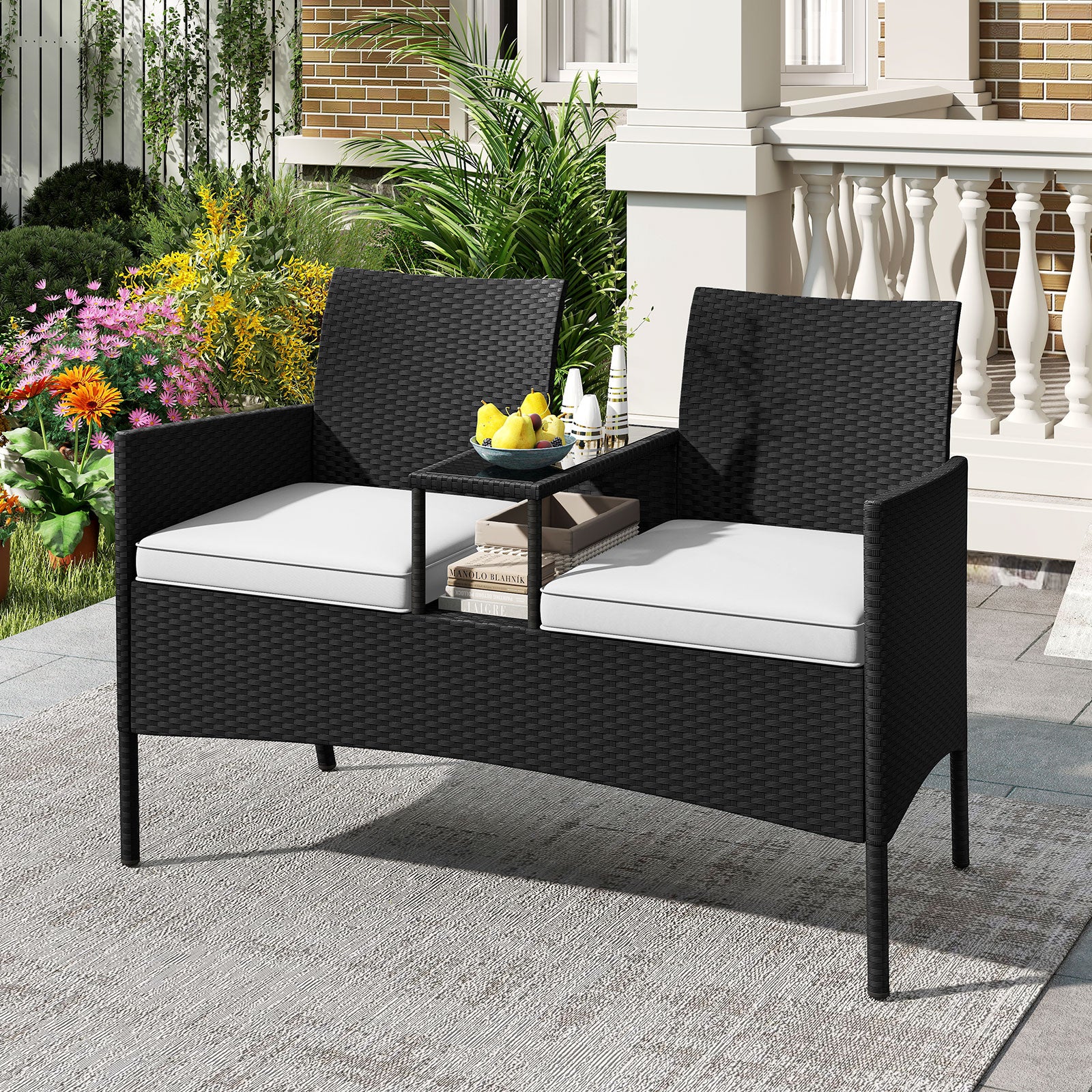 Trädgårdsbänk – med bord sits Polyrattan sittbänk sittgrupp trädgårdsmöbler terrassmöbler – 2 – Svart