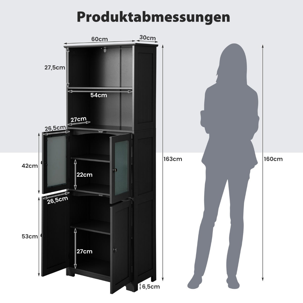 Badrumsskåp – med glasdörrar, öppna fack och justerbara hyllor – 2 – Svart