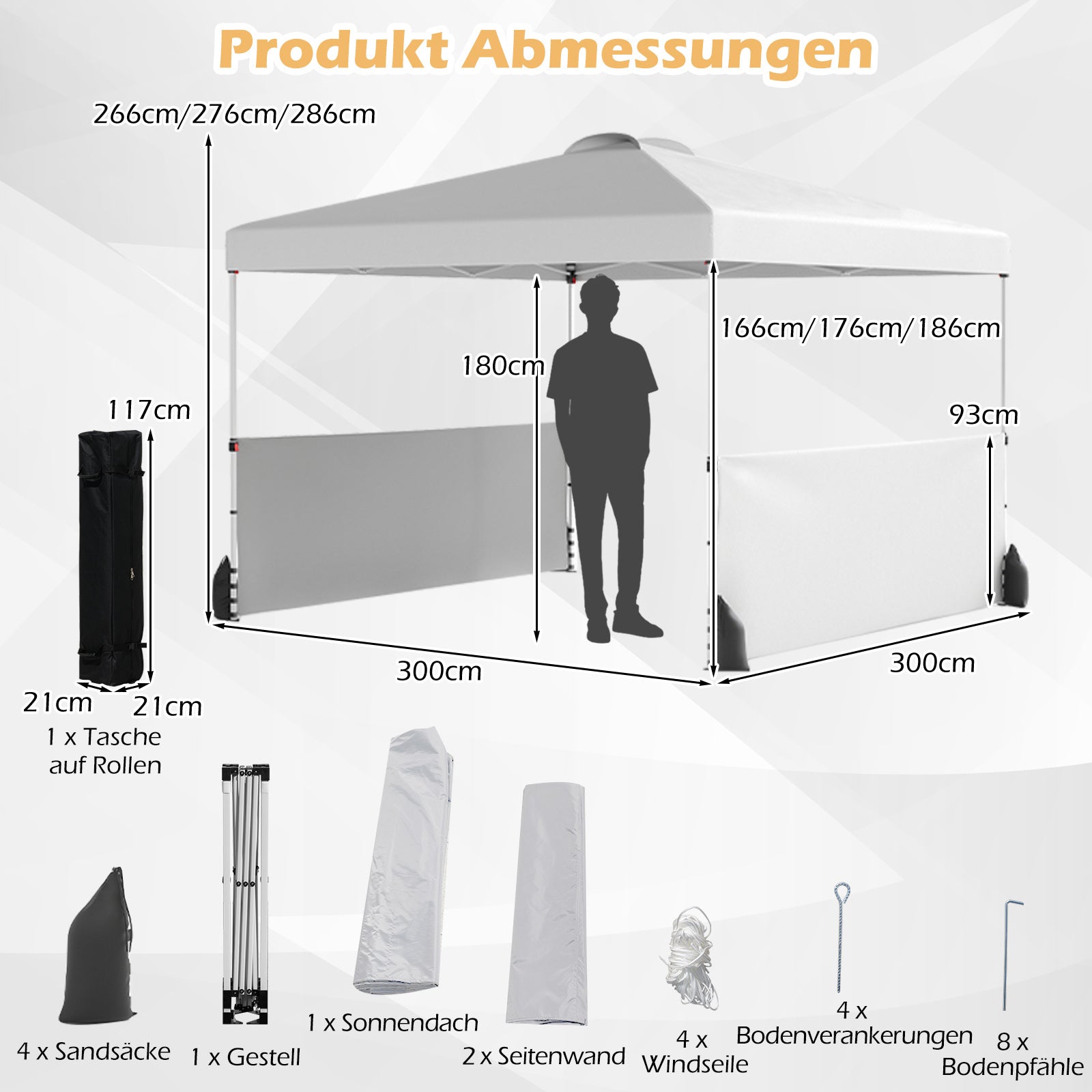 Paviljong – med sidoväggar och väska inklusive vindlinor sandpåsar – 3 x 3 m 2 4 4 – Vit