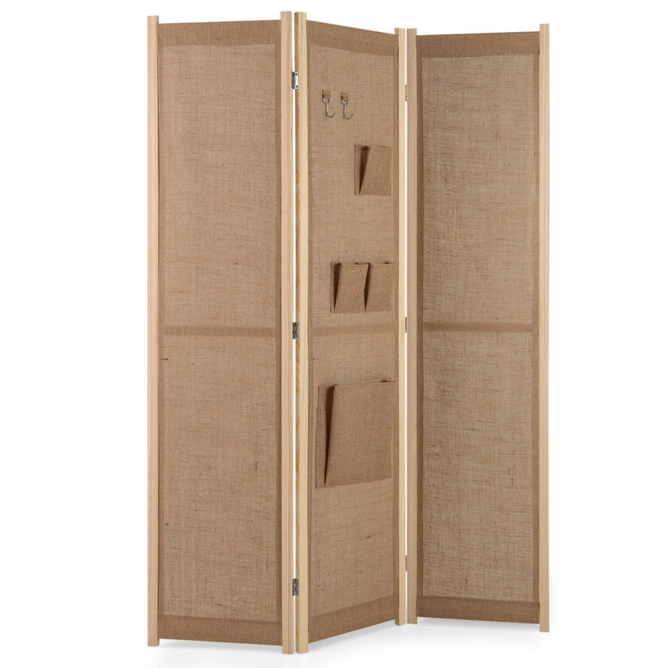 Paravent – med krokar och förvaringsfickor rumsavdelare skiljevägg – 2 4 170 x 121 cm – Natur