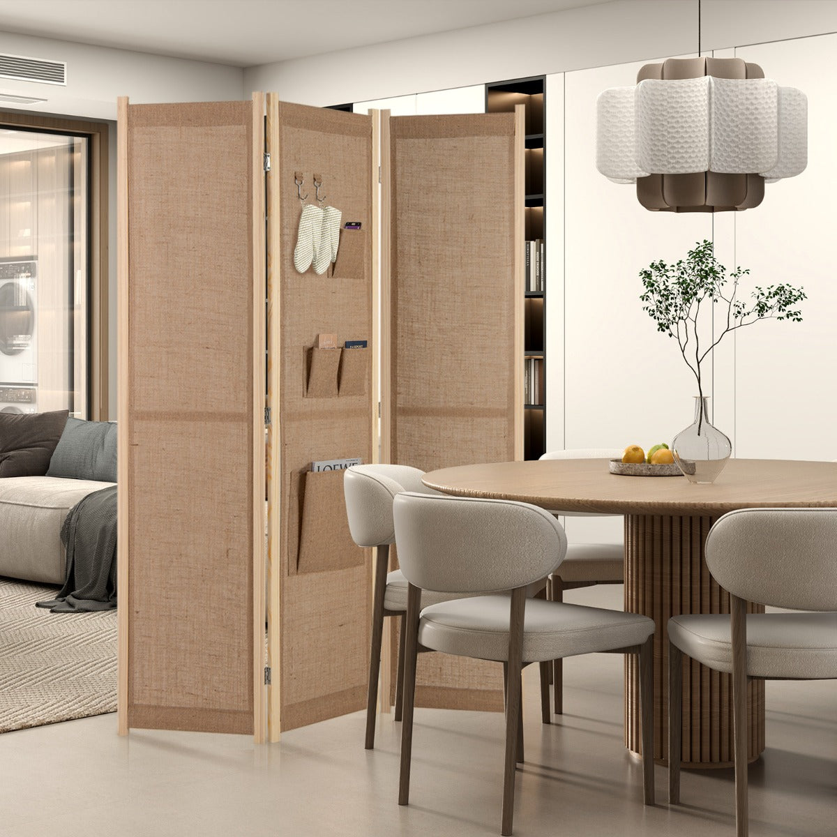 Paravent – med krokar och förvaringsfickor rumsavdelare skiljevägg – 2 4 170 x 121 cm – Natur