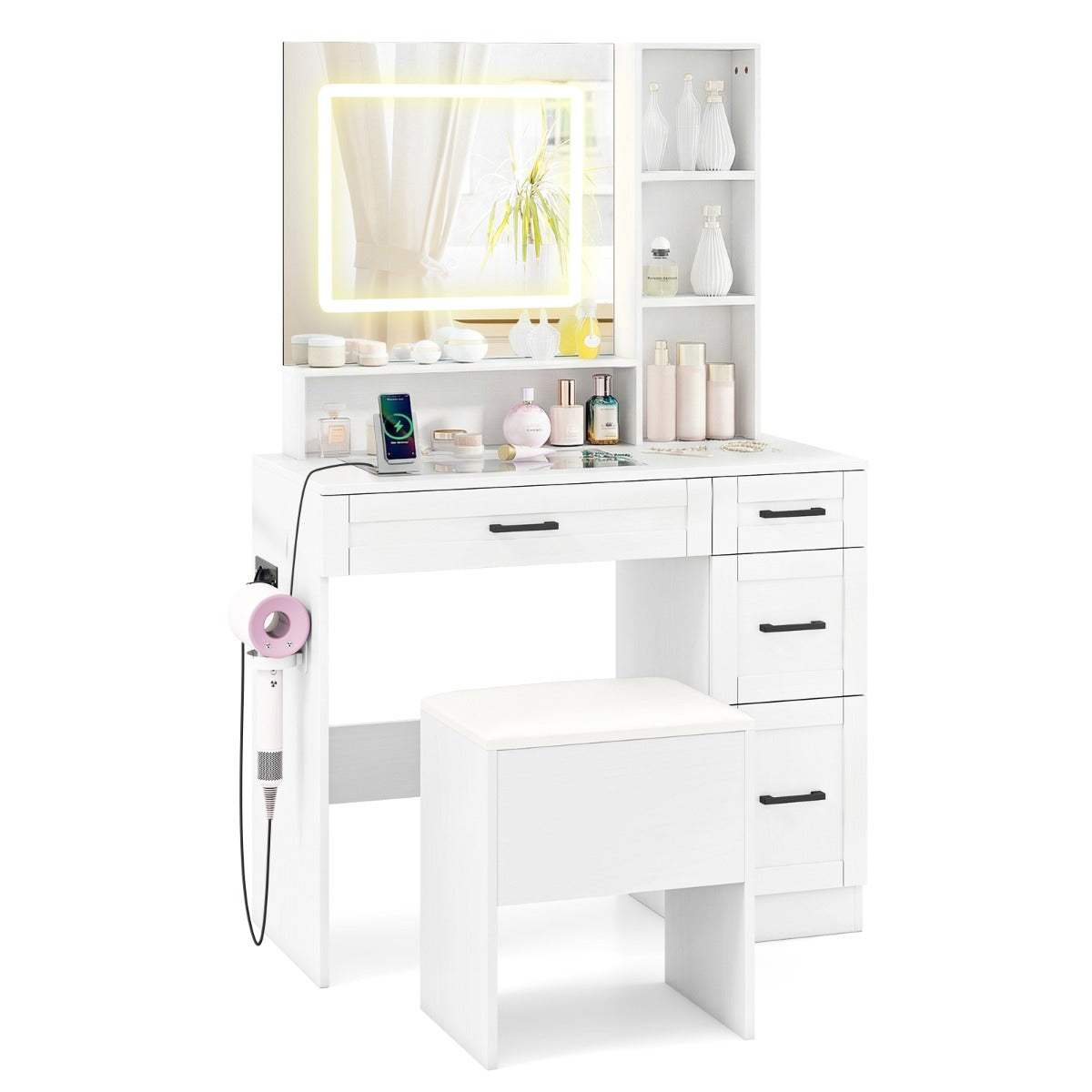 Sminkbord – med spegel och belysning sittpuff utagor – Vit