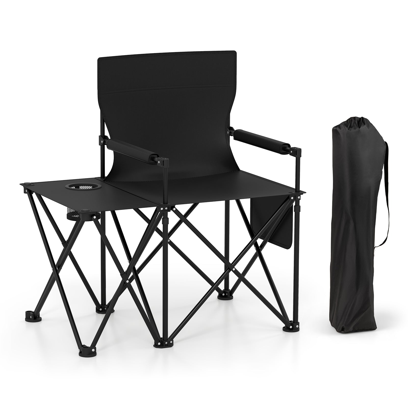Fällbar – campingstol pack Klappstol med sidobord, mugghållare och sidoficka – 2 – Svart