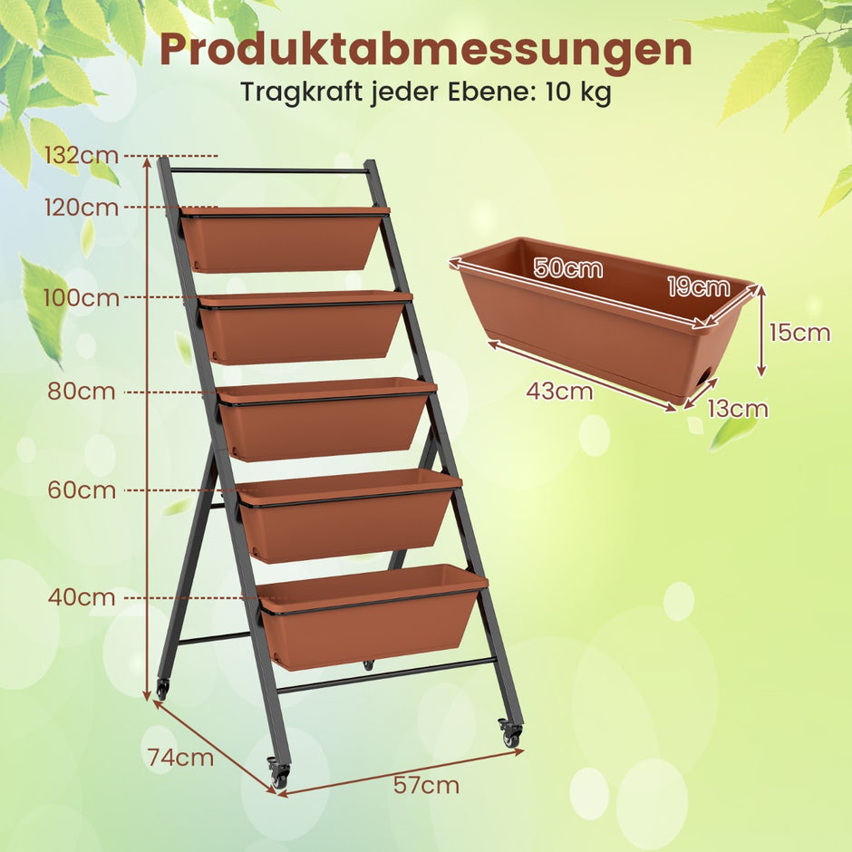 våningar – vertikalt odlingsbädd med hjul blomsterbädd planteringslådor blomlåda – 5 – Brun