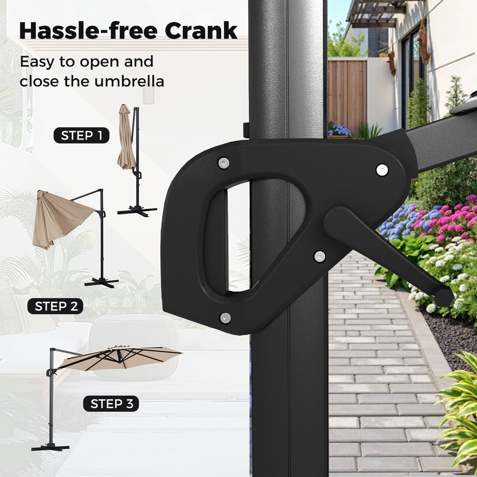 Ampelskärm – Lutbar Solskärm 360° Vridbar med Vev och Fotpedal – Ø 300 cm – Beige