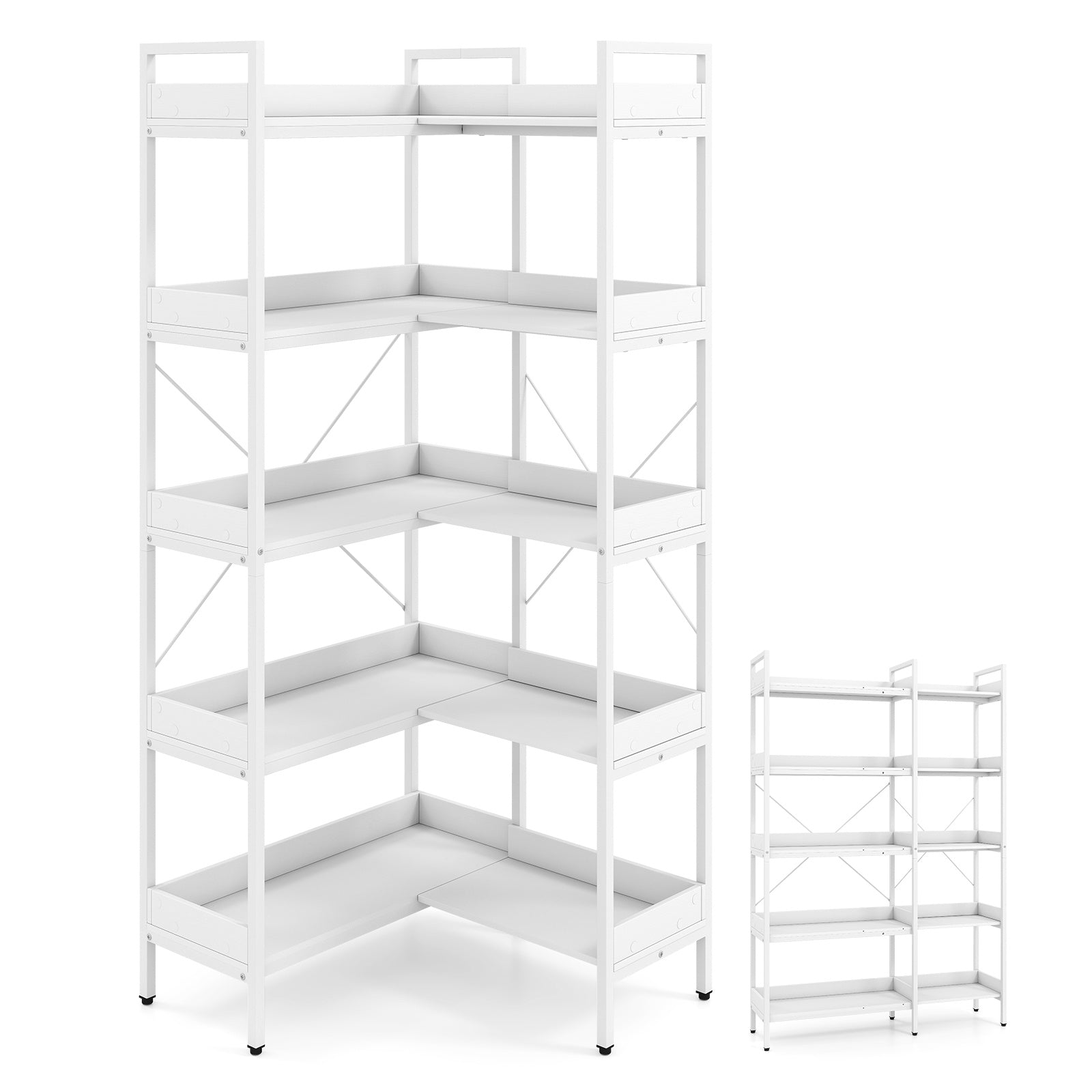 Bücherhylla – 5‑vånad L‑formad hörnhylla av trä med förhöjda sidokanter – 72 x 69 x 167 cm