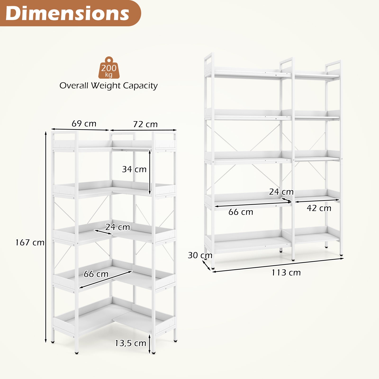 Bücherhylla – 5‑vånad L‑formad hörnhylla av trä med förhöjda sidokanter – 72 x 69 x 167 cm