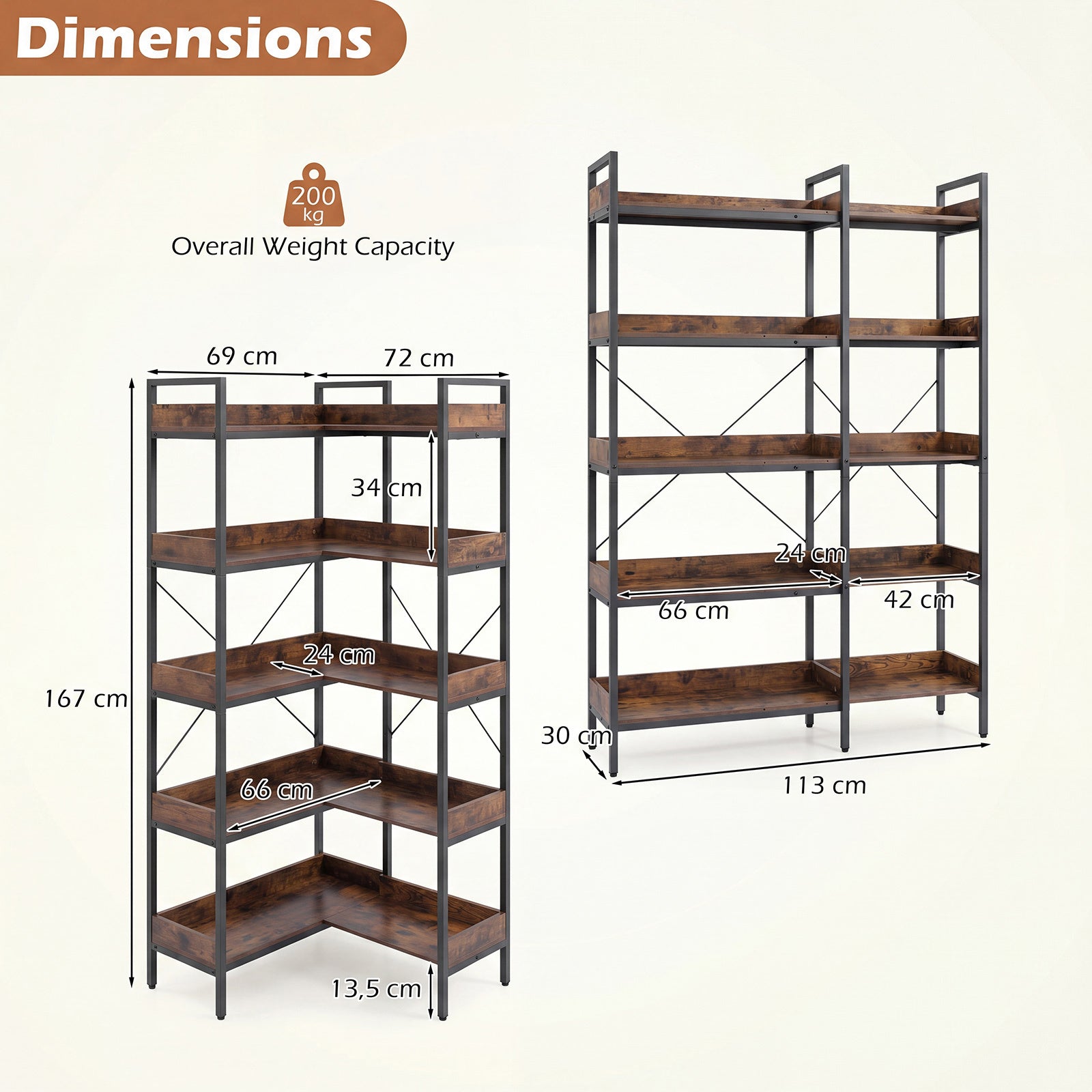 Bücherregal – 5‑stöckiges L‑Form‑Eckregal med förhöjda sidokanter – 72 x 69 x 167 cm