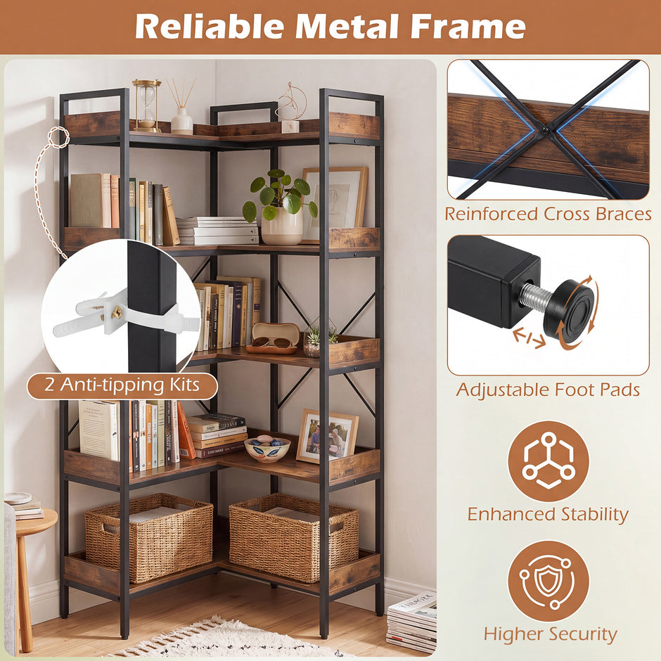 Bücherregal – 5‑stöckiges L‑Form‑Eckregal med förhöjda sidokanter – 72 x 69 x 167 cm
