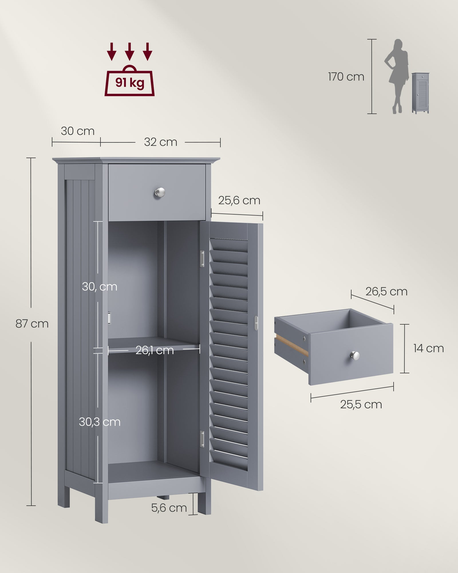 Badkamermeubel – smal – met lade en louvredeur