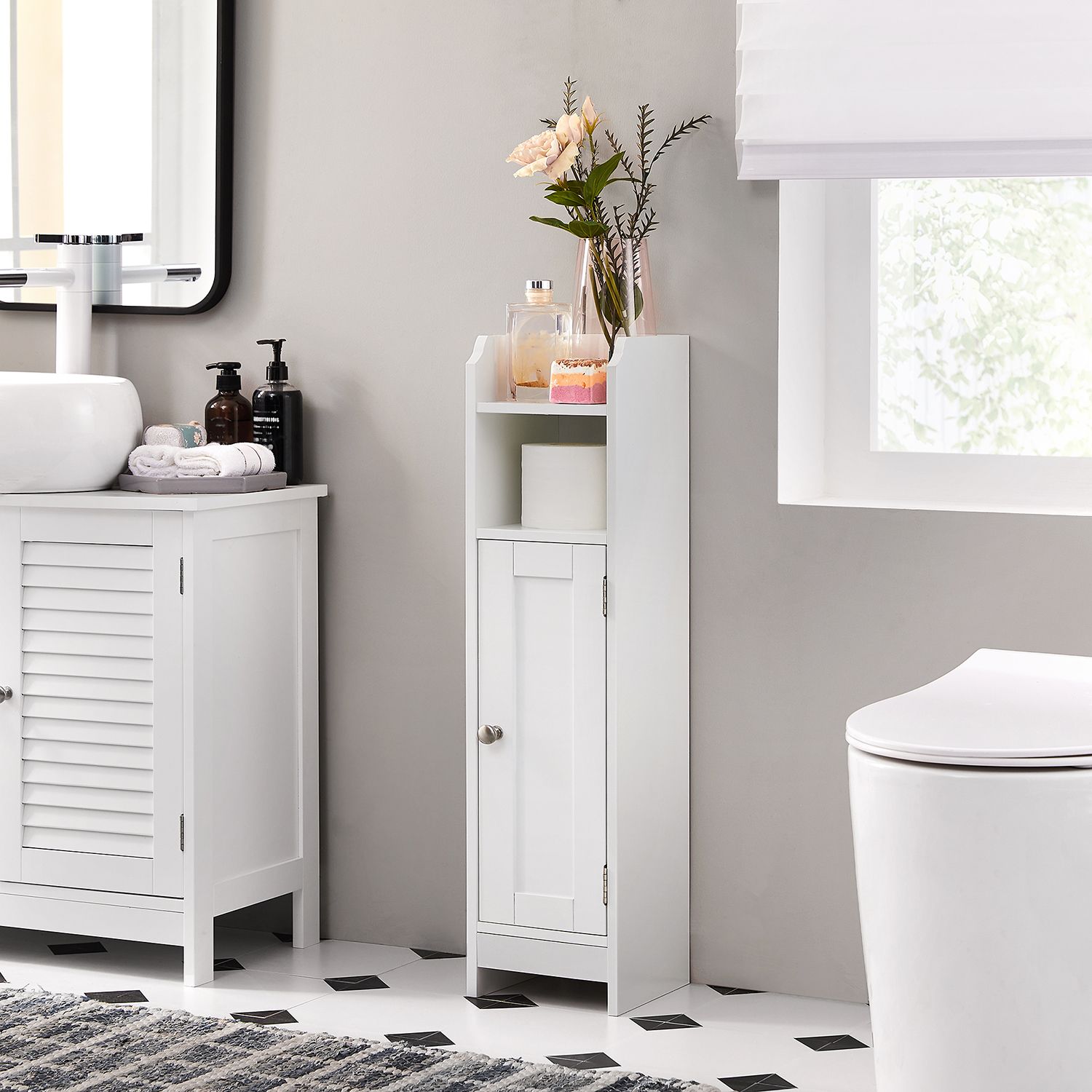 Badkamerkast - Smalle kast - Met deur en 2 planken - Wit