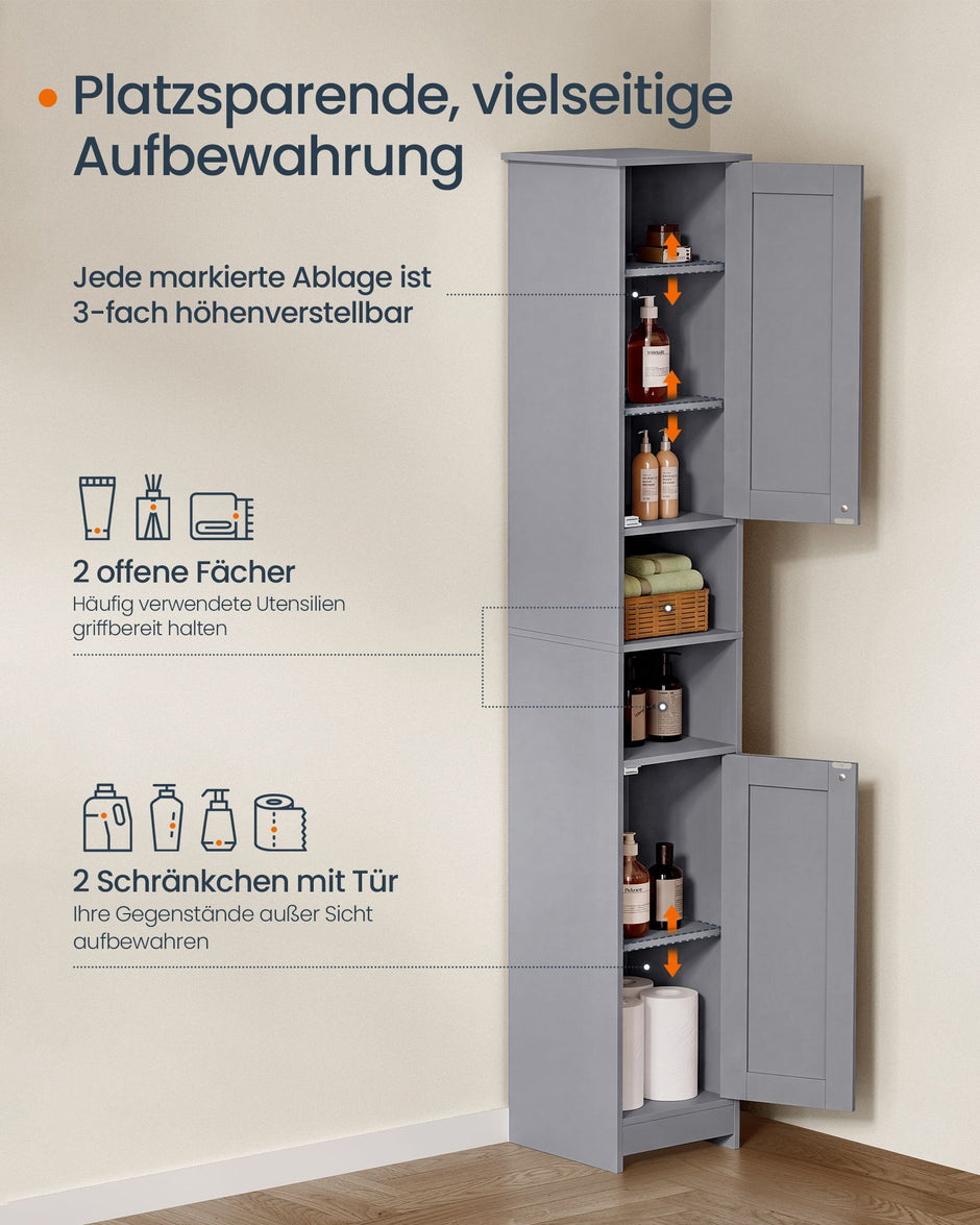 Badkamerkast – Smal en Hoog – 2 Deuren – Verstelbare Planken – 30 x 30 x 170 cm – Duifgrijs