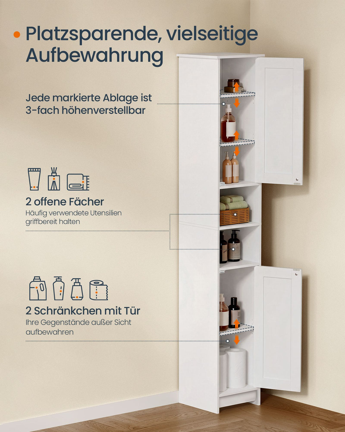 Badkamerkast – Smal en Hoog – 2 Deuren – Verstelbare Planken – 30 x 30 x 170 cm – Wolkenwit