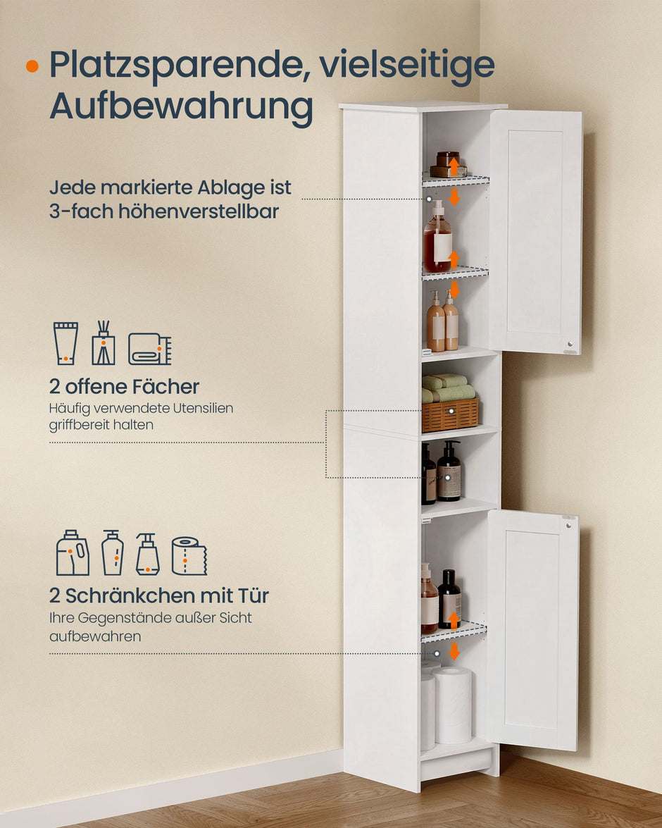 Badkamerkast – Smal en Hoog – 2 Deuren – Verstelbare Planken – 30 x 30 x 170 cm – Wolkenwit