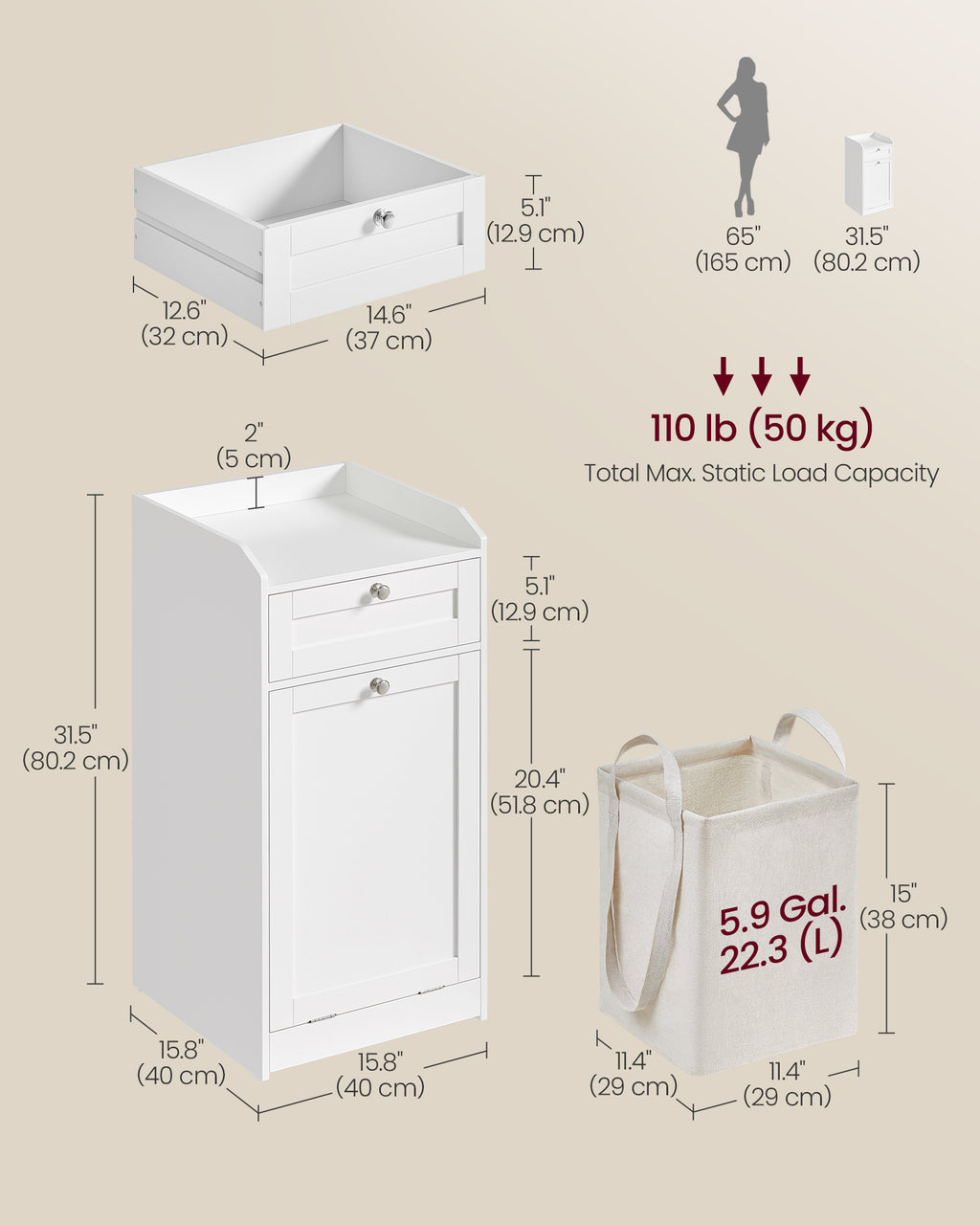 Badkamerkastje – met wasmand – 40 × 40 × 80,2 cm