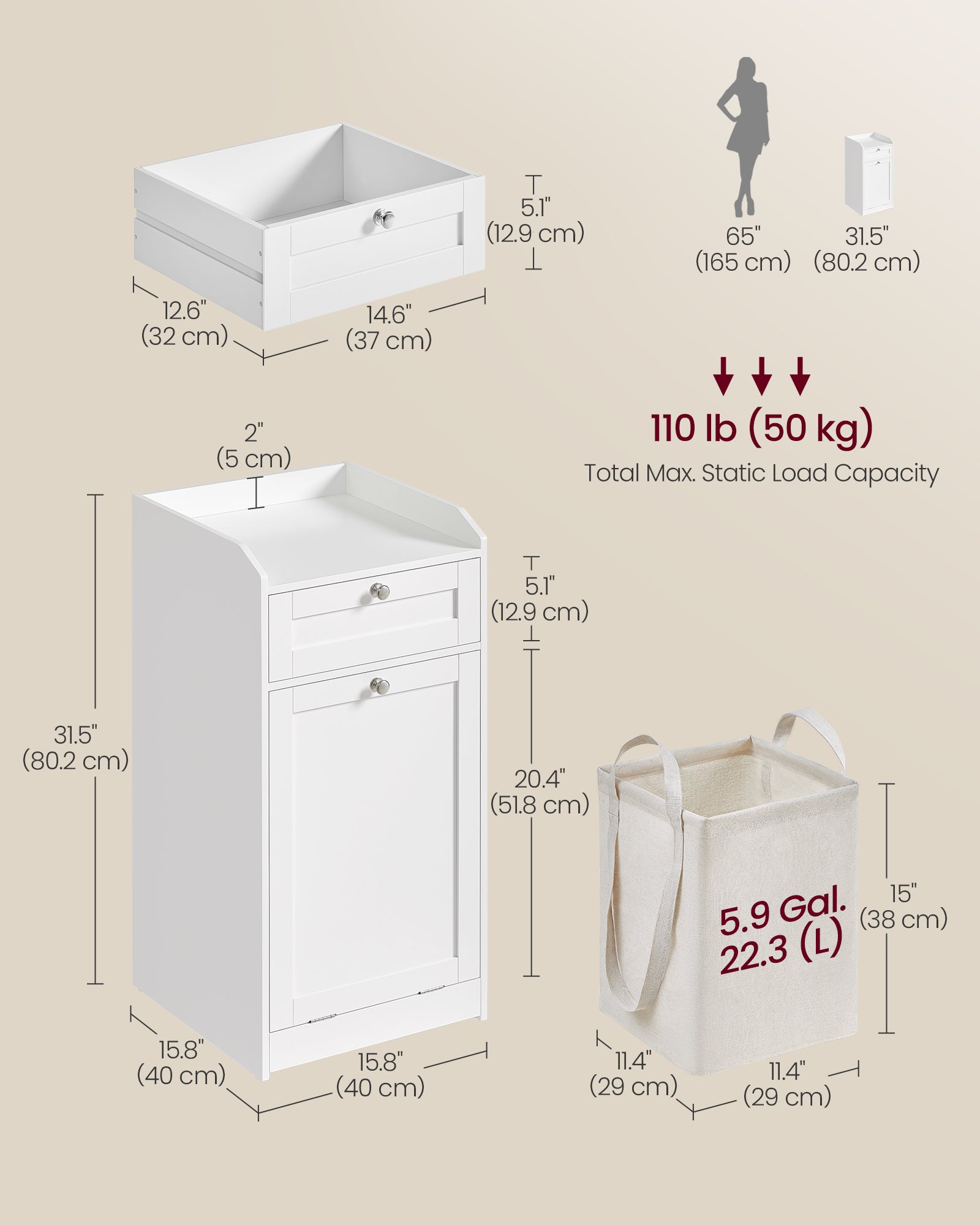 Wasmanden met 2 uitneembare manden – Waterafstotende coating – Versterkte panelen – Veiligheidsmechanisme met anti-kantelkit