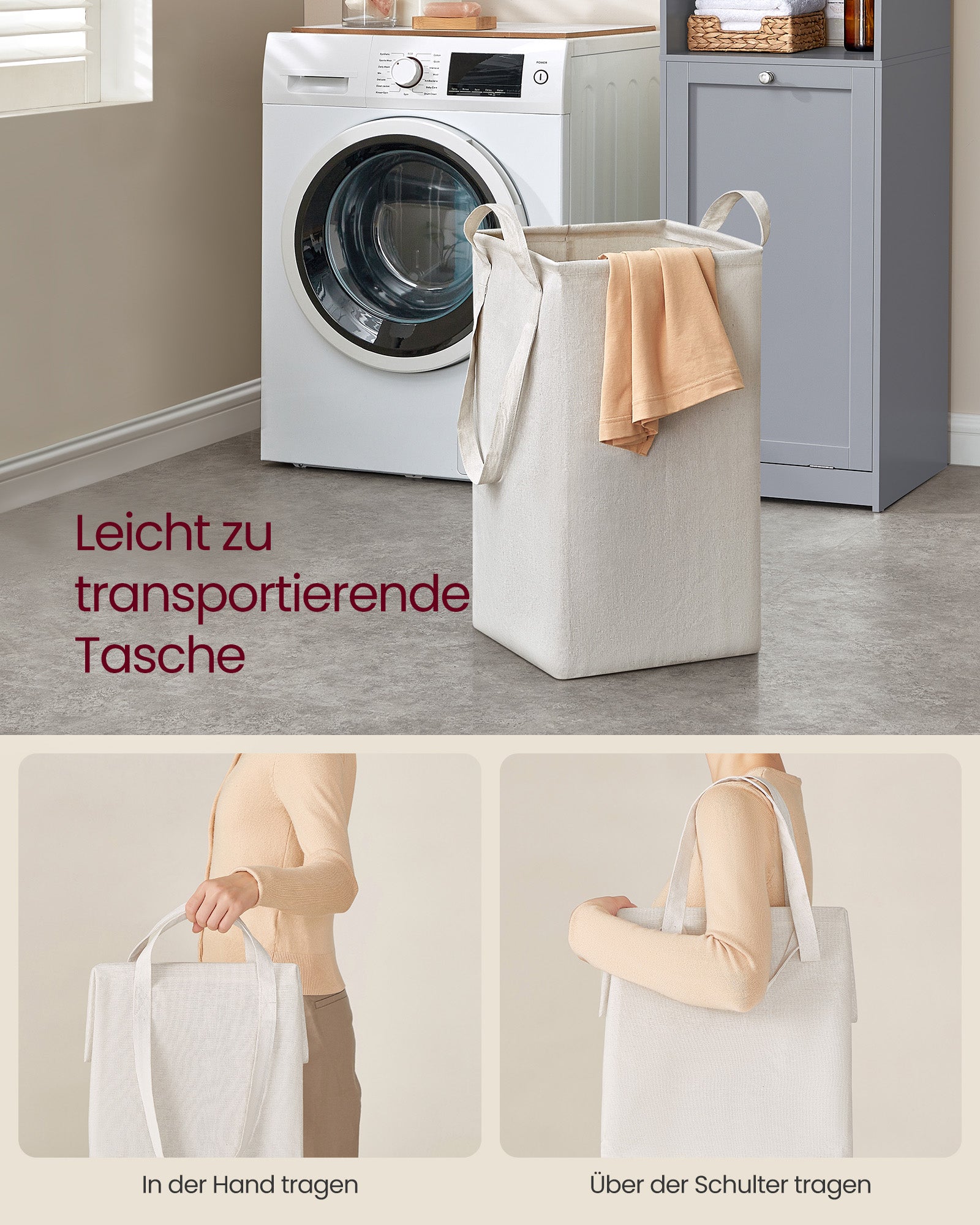 Badkamerkastje – met wasmand en handgrepen – duifgrijs