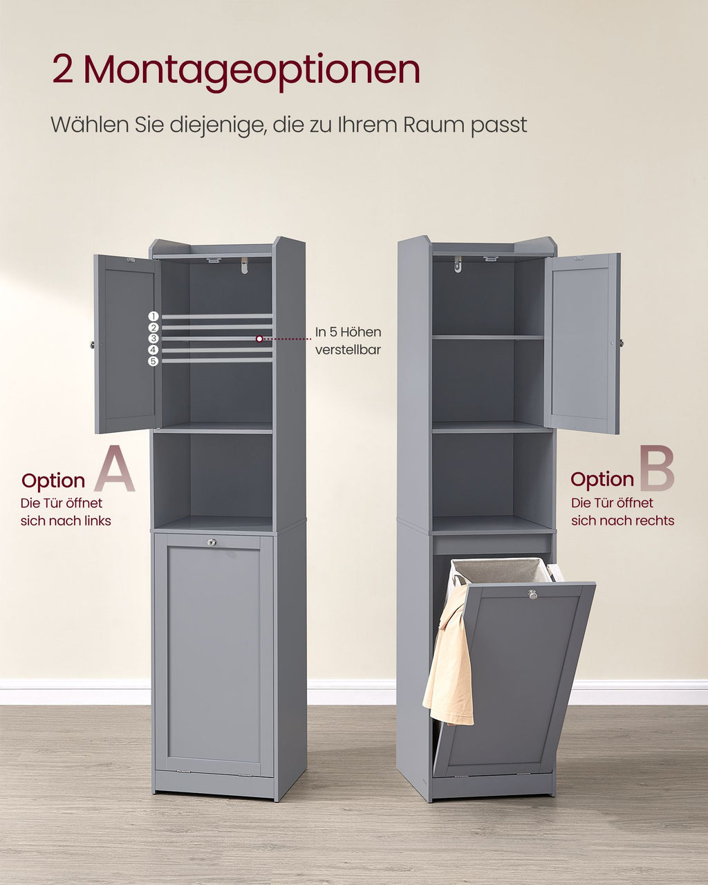 Badkamerkastje – met wasmand en handgrepen – duifgrijs