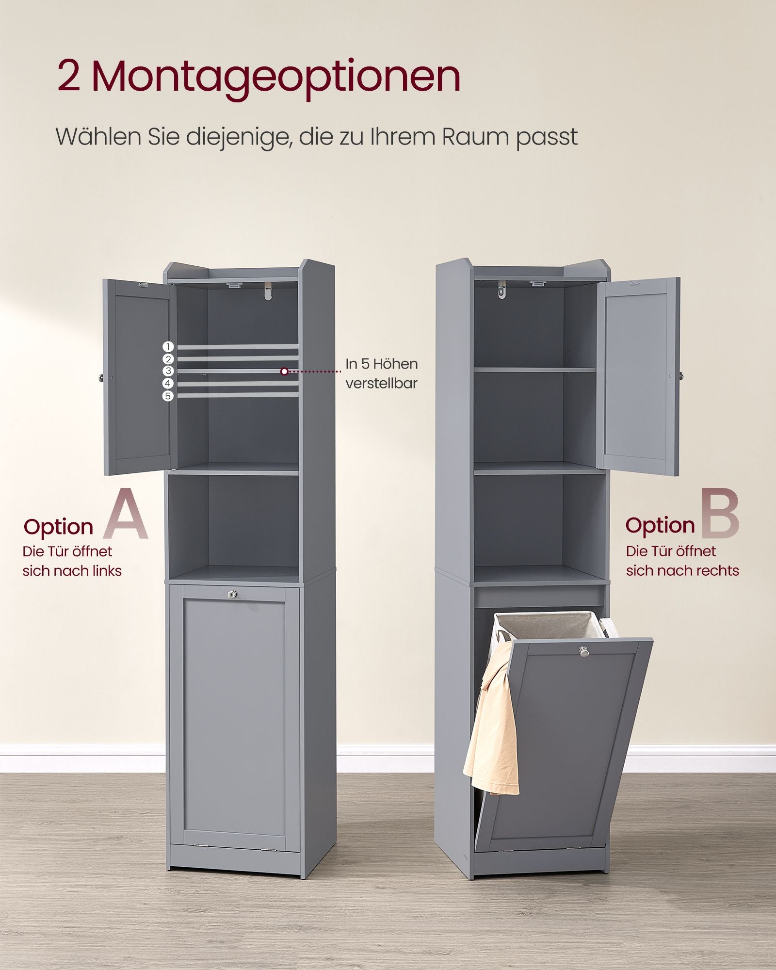 Badkamerkastje – met wasmand en handgrepen – duifgrijs