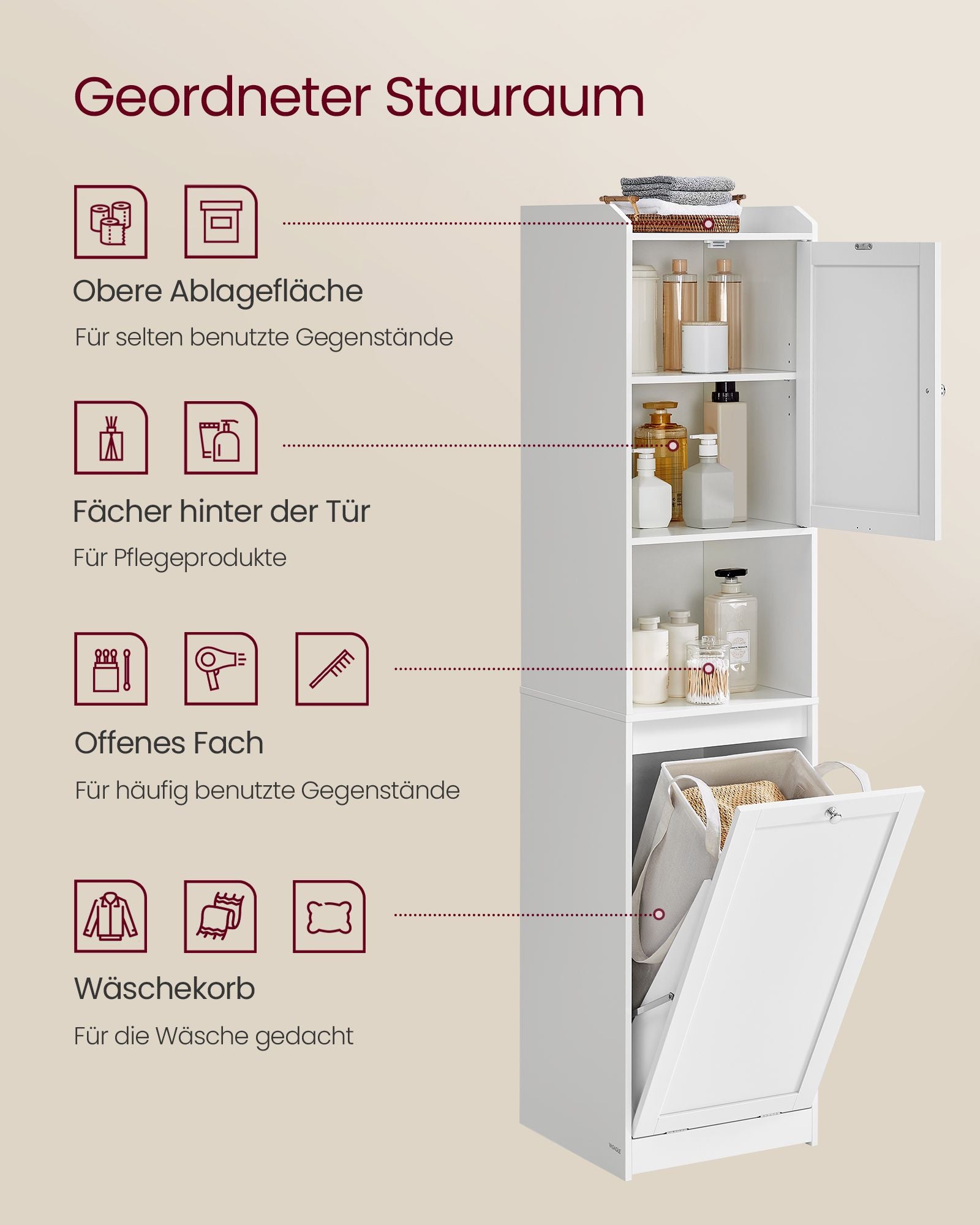 Badkamerkastje – met wasmand – 40 × 40 × 170 cm
