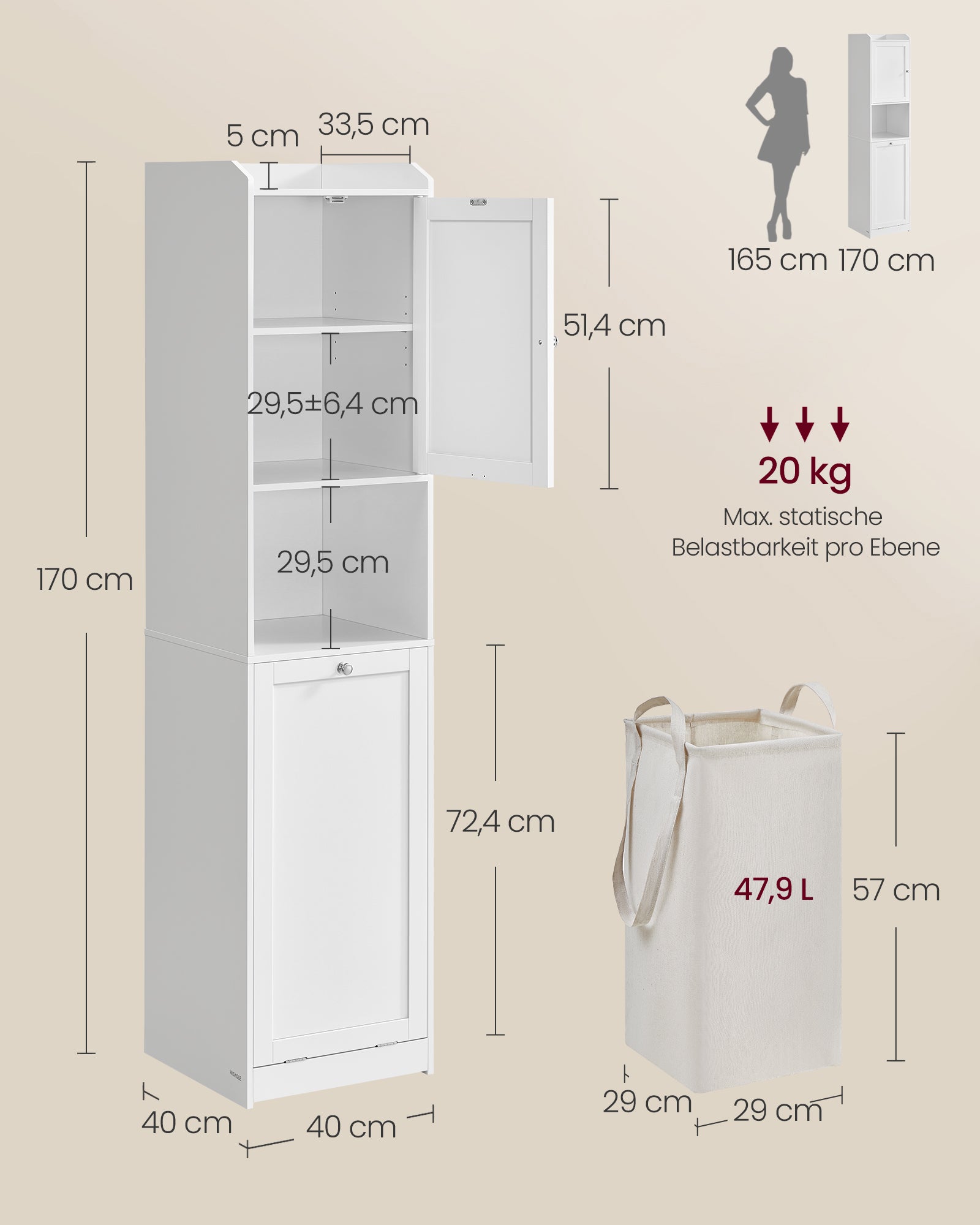 Badkamerkastje – met wasmand – 40 × 40 × 170 cm