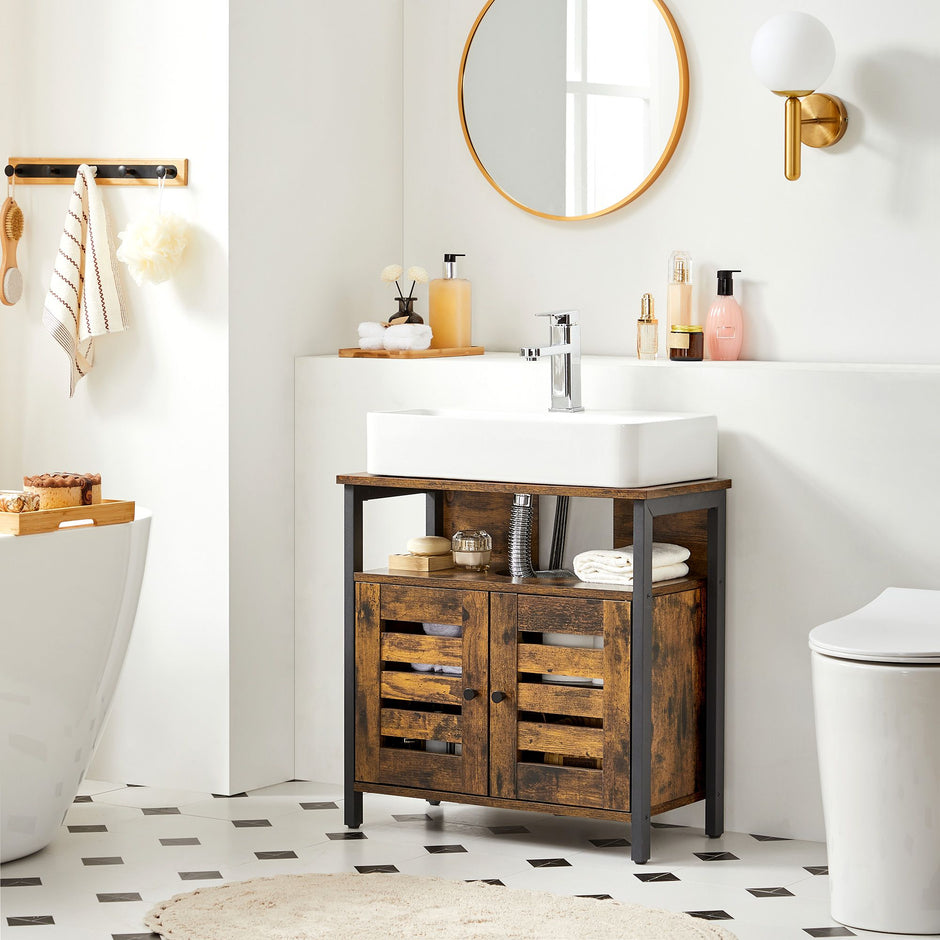 Wastafelonderkast – Vintage uitstraling – Houtenblad – Bruin-Zwart