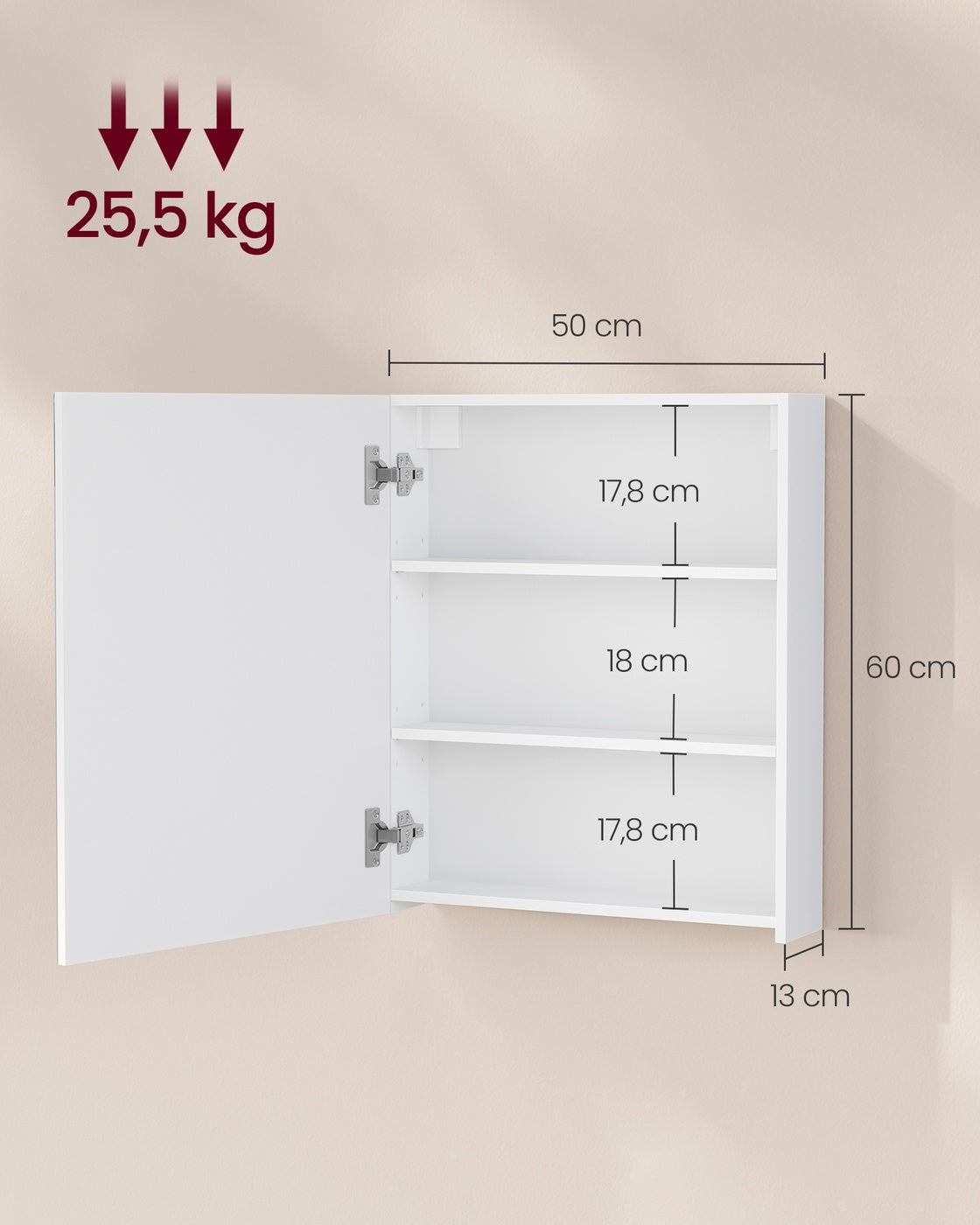 Spiegelkast - 13 x 50 x 60 cm - Wit - 1 deur - Maximale belasting 25,5 kg