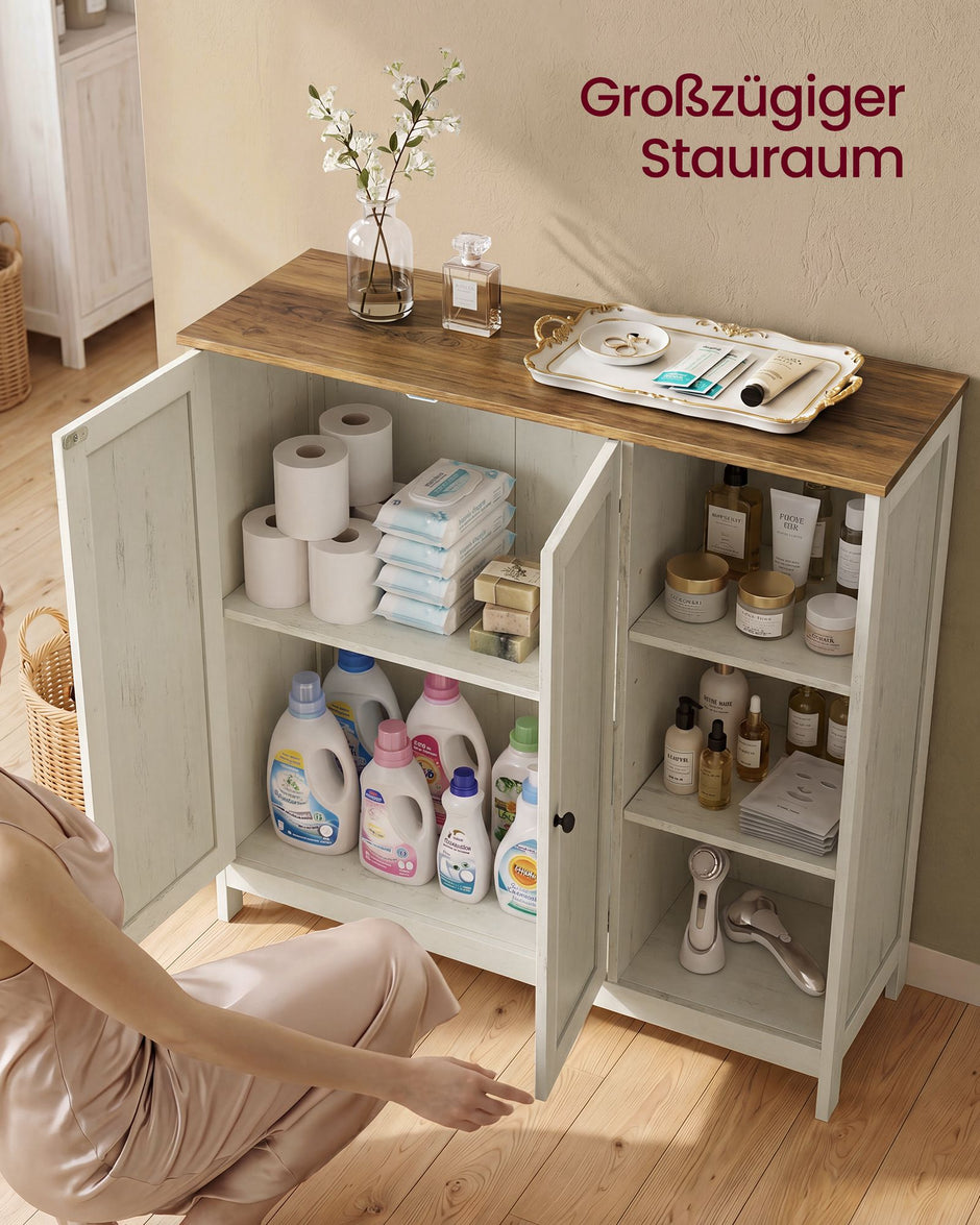 Badkamerkast – 2 Deuren en Open Vakken – Verstelbare Planken – 90 x 30 x 80 cm – Vintage Wit en Honingbruin