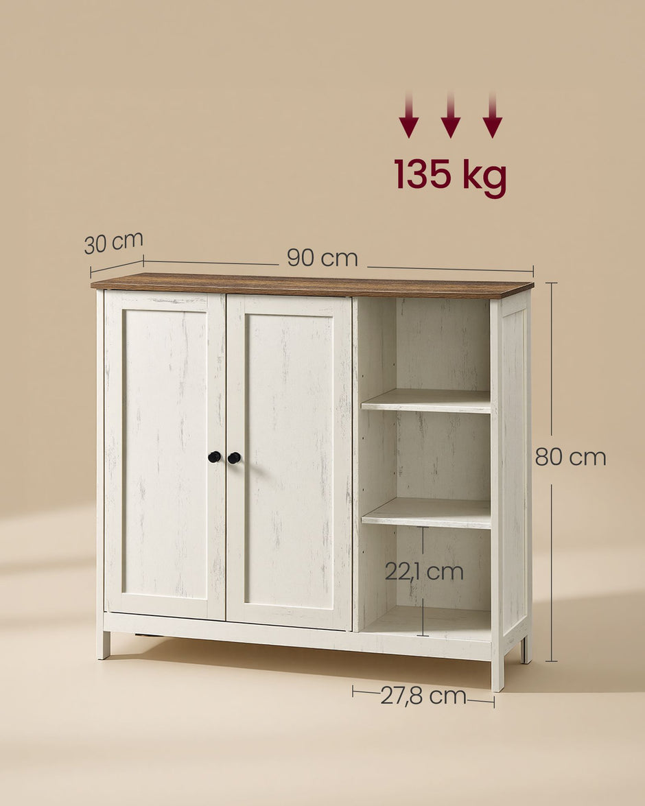 Badkamerkast – 2 Deuren en Open Vakken – Verstelbare Planken – 90 x 30 x 80 cm – Vintage Wit en Honingbruin