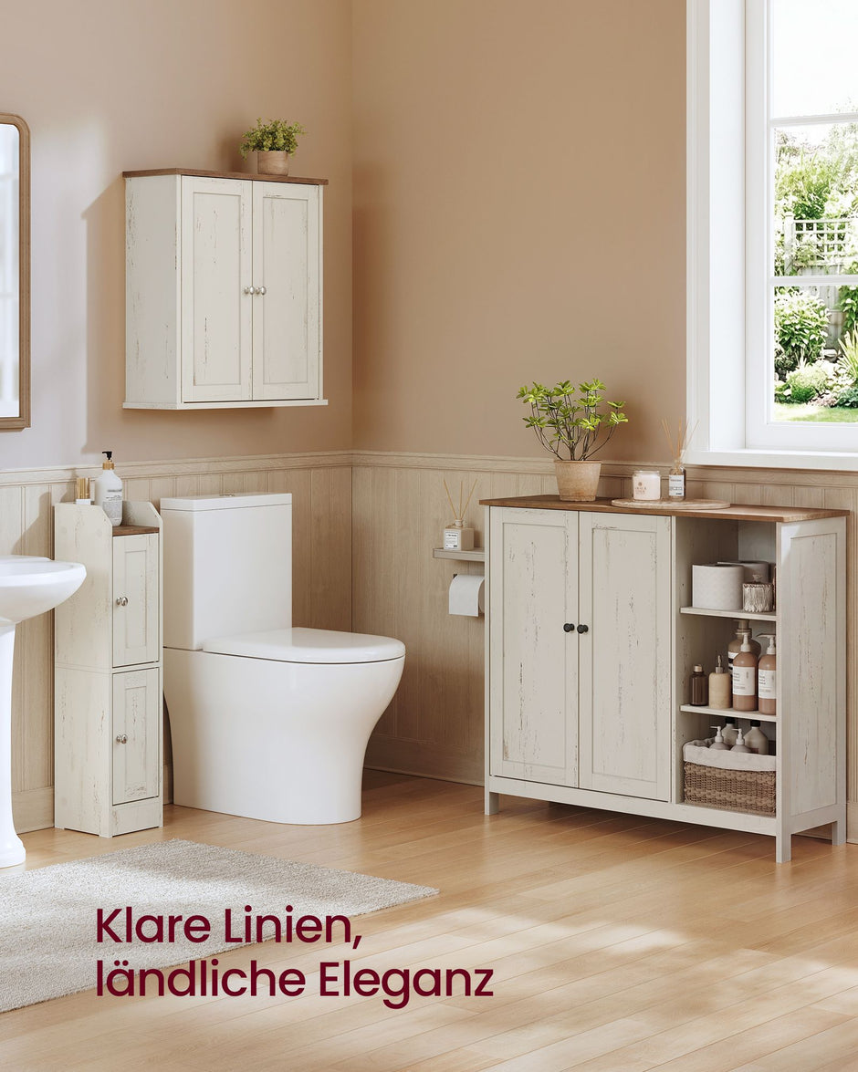 Badkamerkast – 2 Deuren en Open Vakken – Verstelbare Planken – 90 x 30 x 80 cm – Vintage Wit en Honingbruin