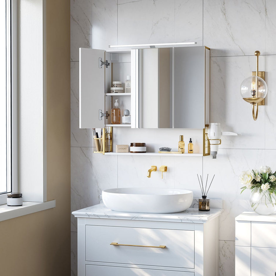 Badkamerkast – Met verlichting en spiegels – Wit / Goud