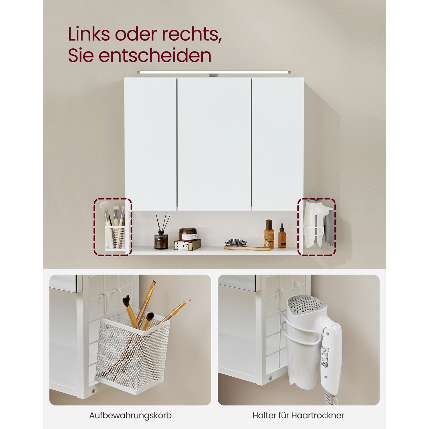 Badkamerspiegelkast – 3 deuren – met verlichting en verstelbare plank