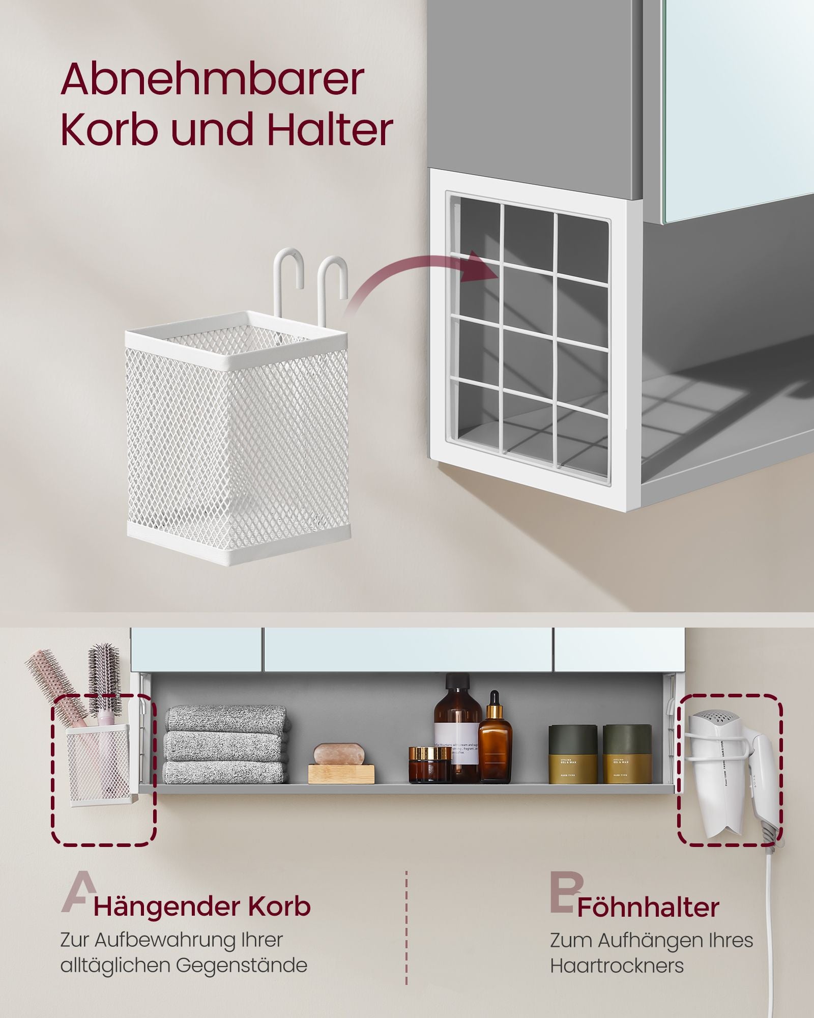 Badkamermeubel – met stopcontacten en 3 deuren – wolkwit en duifgrijs