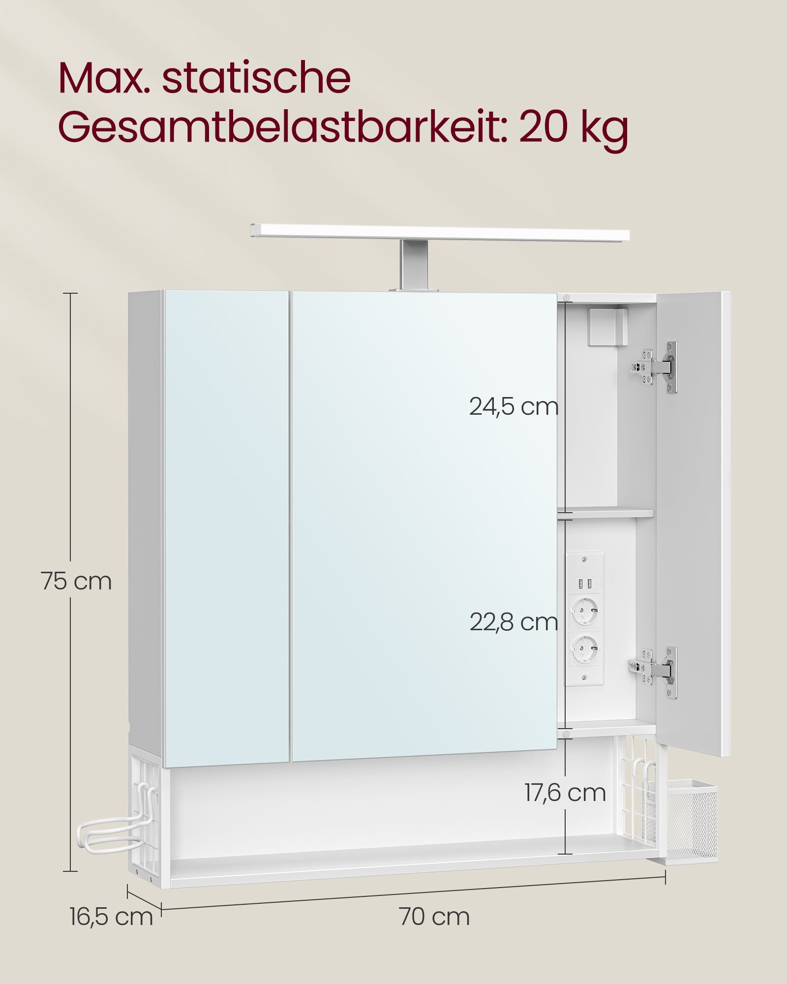 Badkamermeubel – met stopcontacten en 3 deuren – wolkwit