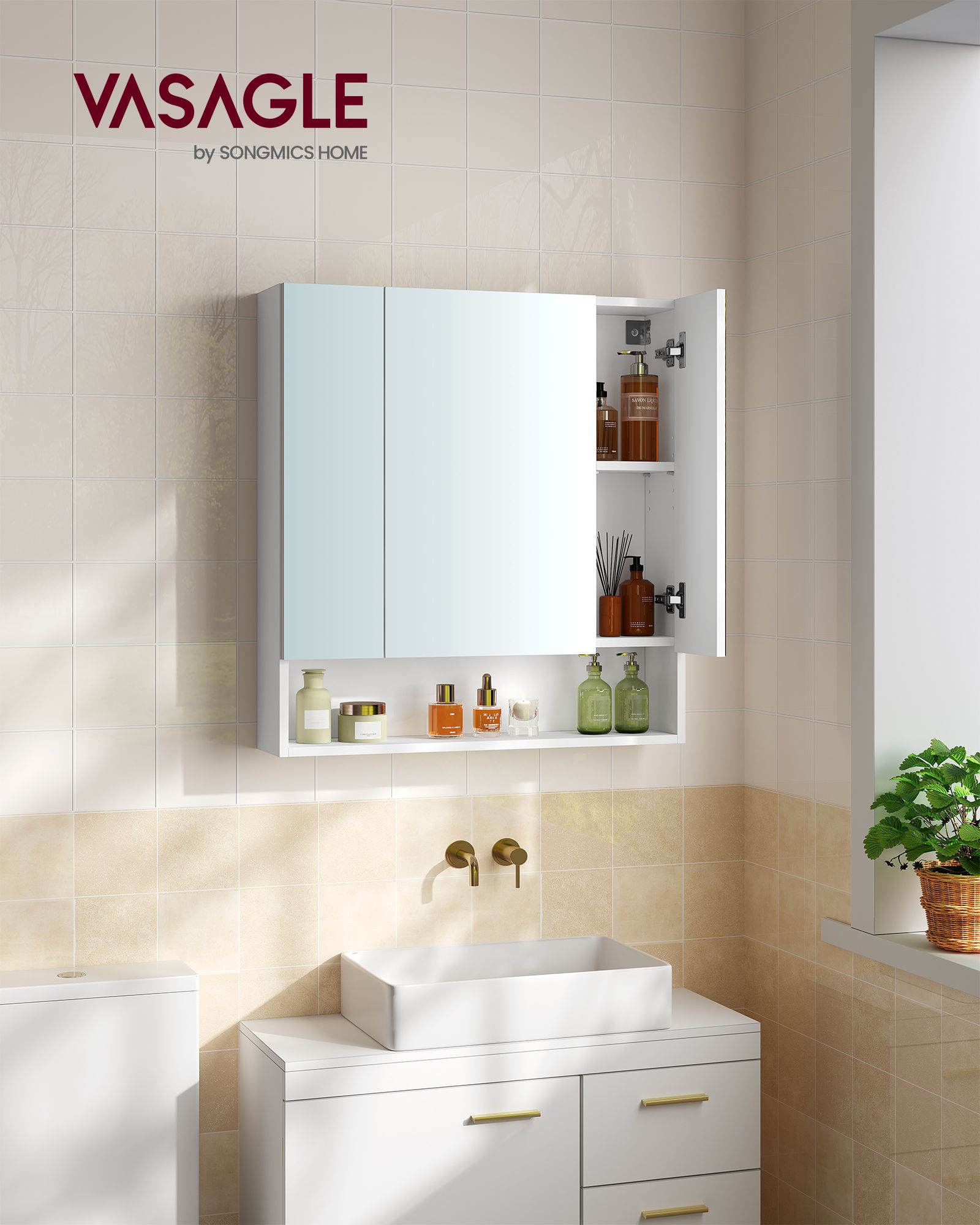Badkamerkastje – met 3 deuren – 16,5 × 70 × 75 cm – wolkwit