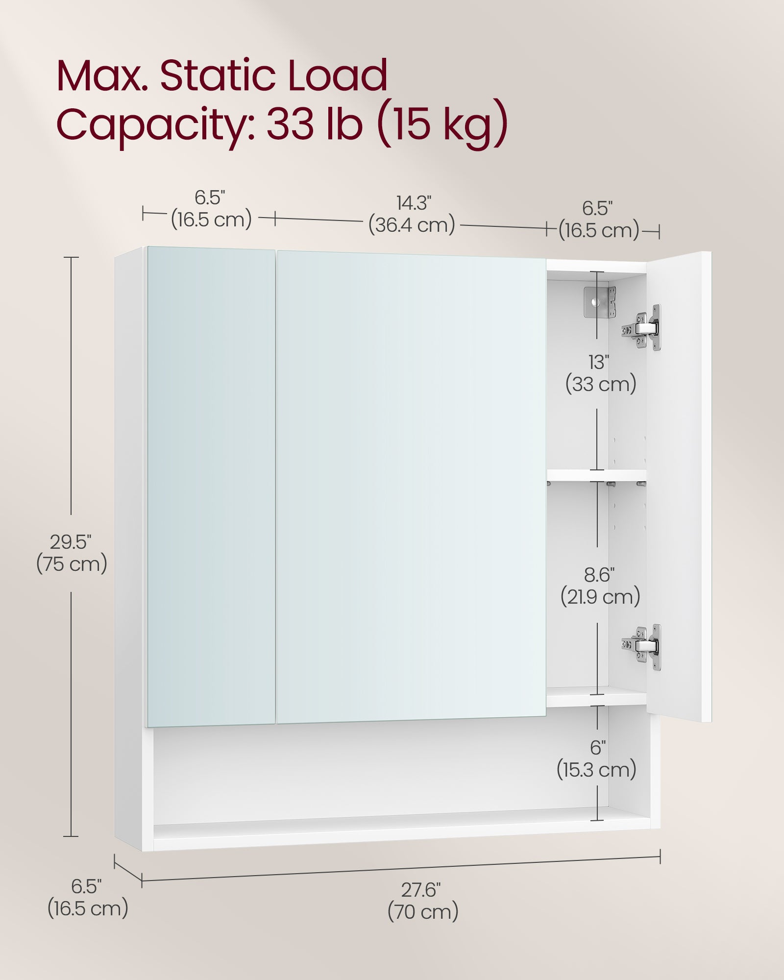 Badkamerkastje – met 3 deuren – 16,5 × 70 × 75 cm – wolkwit