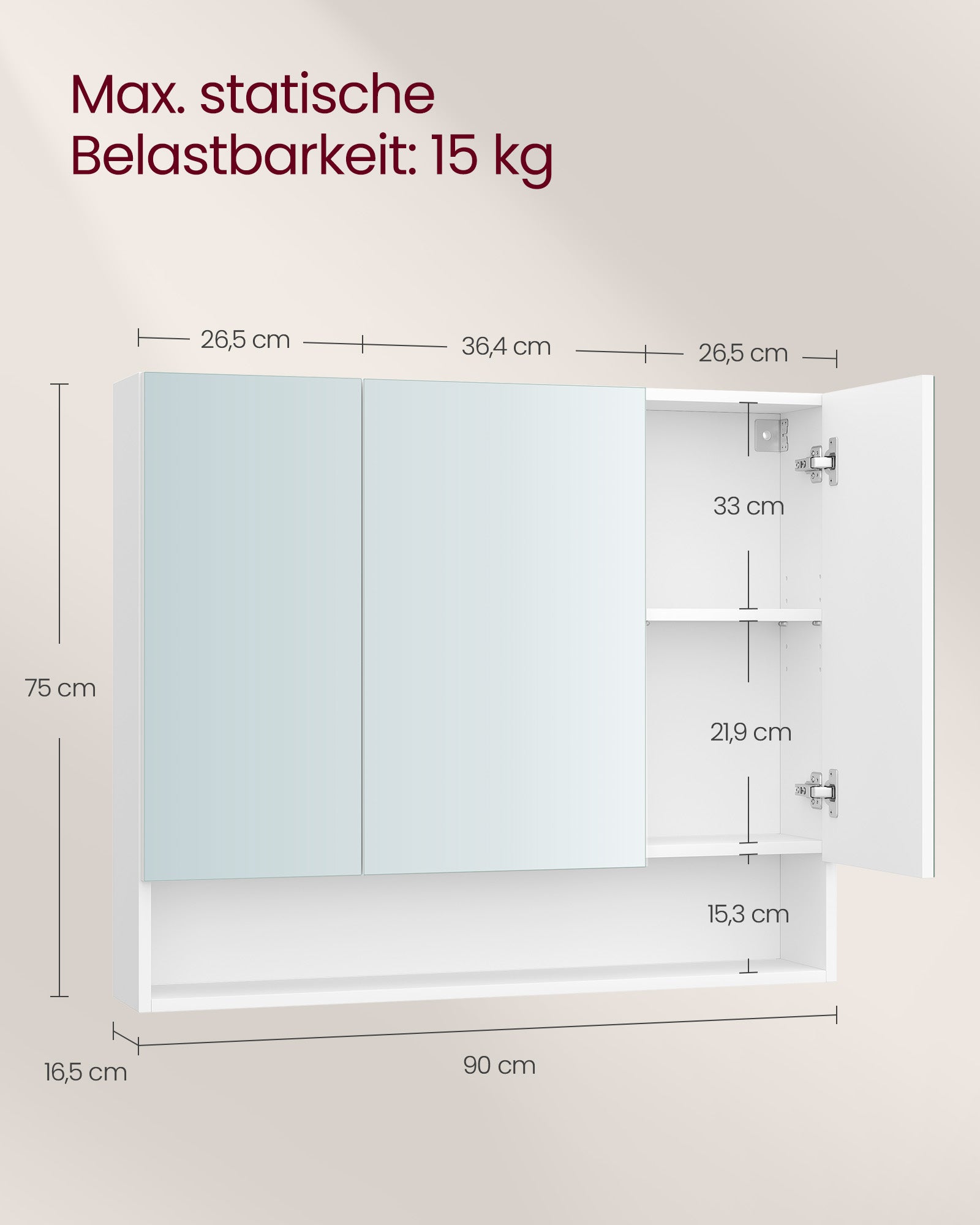 Badkamermeubel – met 3 deuren – 16,5 × 90 × 75 cm – wolkwit