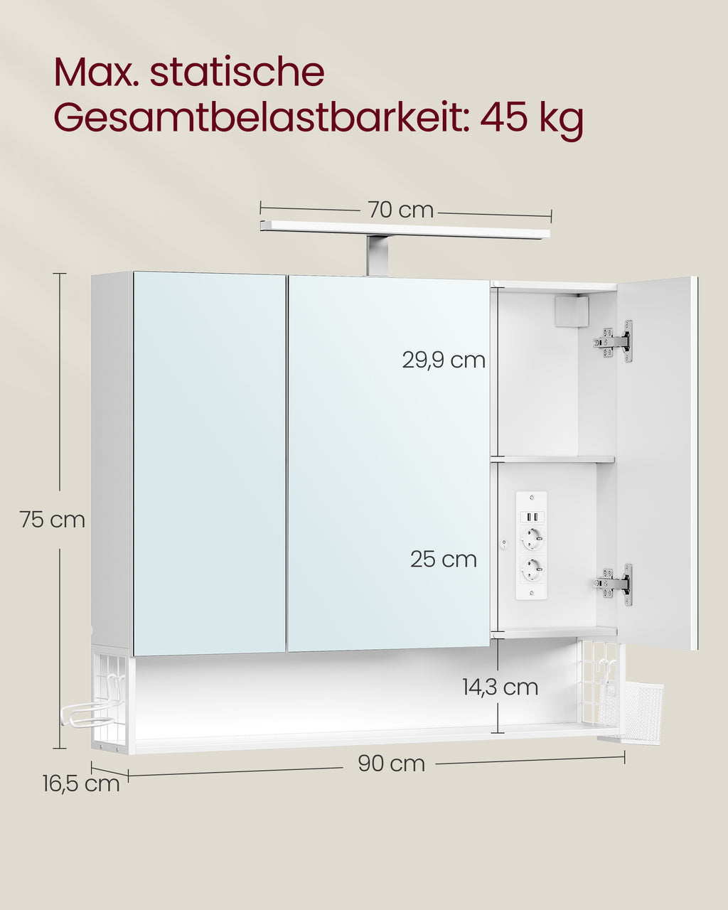 Badkamermeubel met 3 Deuren – 16,5 x 90 x 75 cm – Wolkenwit