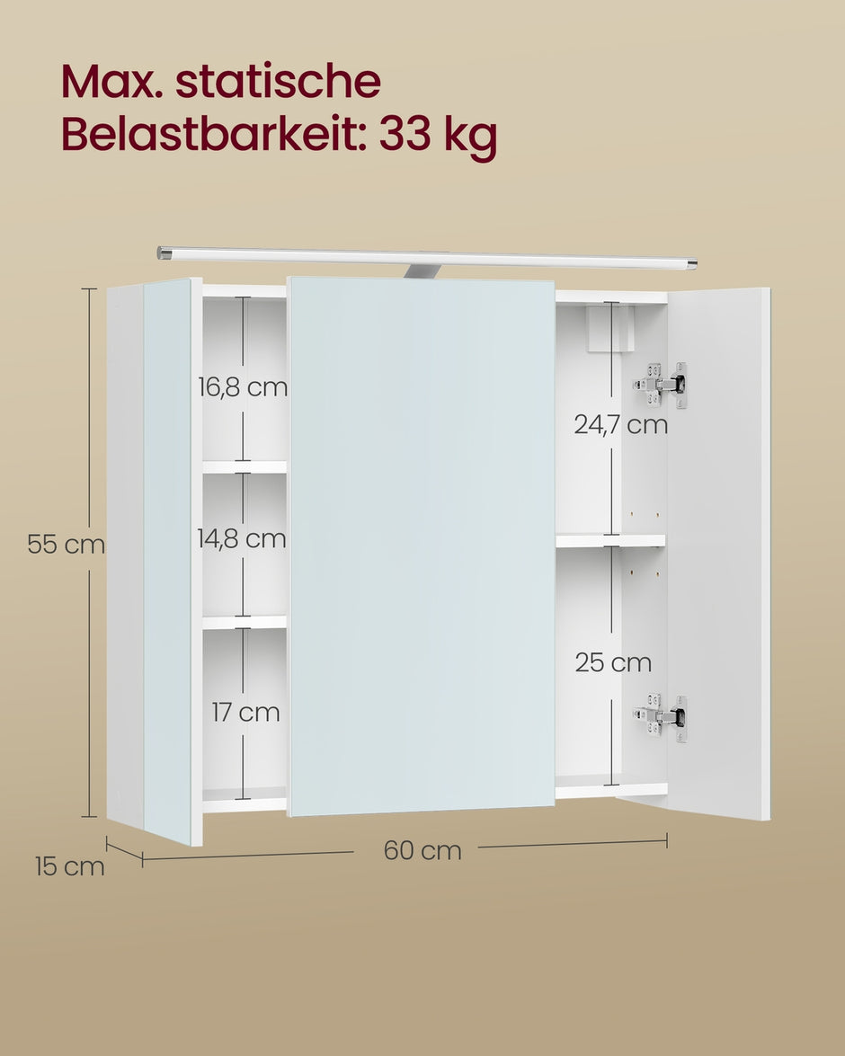 Badkamerspiegelkast - 15 x 70 x 60 cm - 3 deuren - Wolkenwit - 40 kg maximum capaciteit