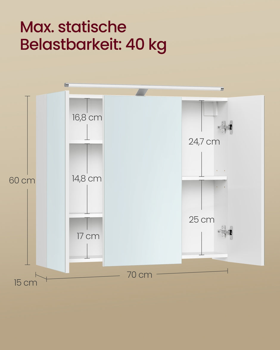 Badkamerspiegelkast - 15 x 70 x 60 cm - 3 deuren - Wolkenwit - 40 kg maximum capaciteit