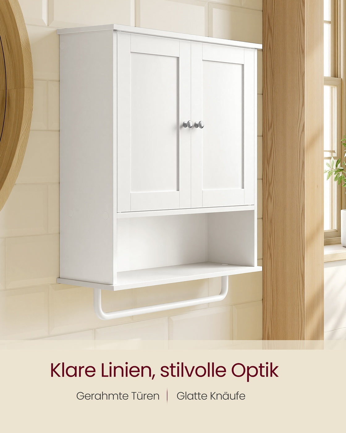 Wandkast - 20 x 56 x 60 cm - Wolkenwit - Verstelbare plank - 2 deuren - Met handdoekrek - Max. draagvermogen 44 kg