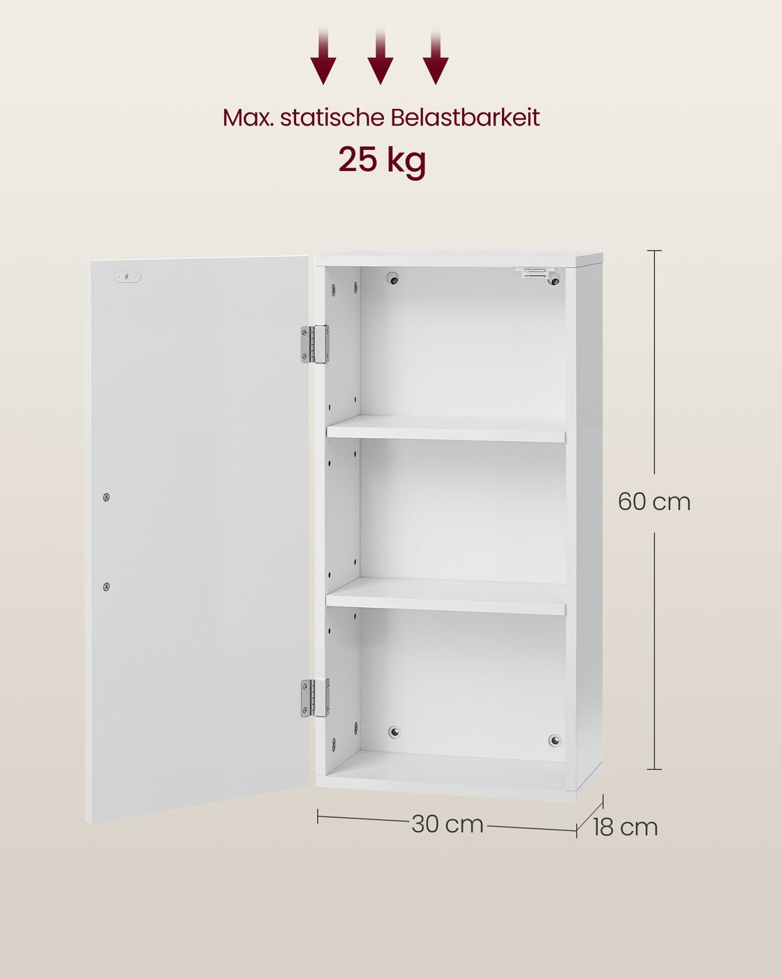 Badkamerkastje - 18 x 30 x 60 cm - Wandmontage - Wolkenwit - Max. belasting 25 kg