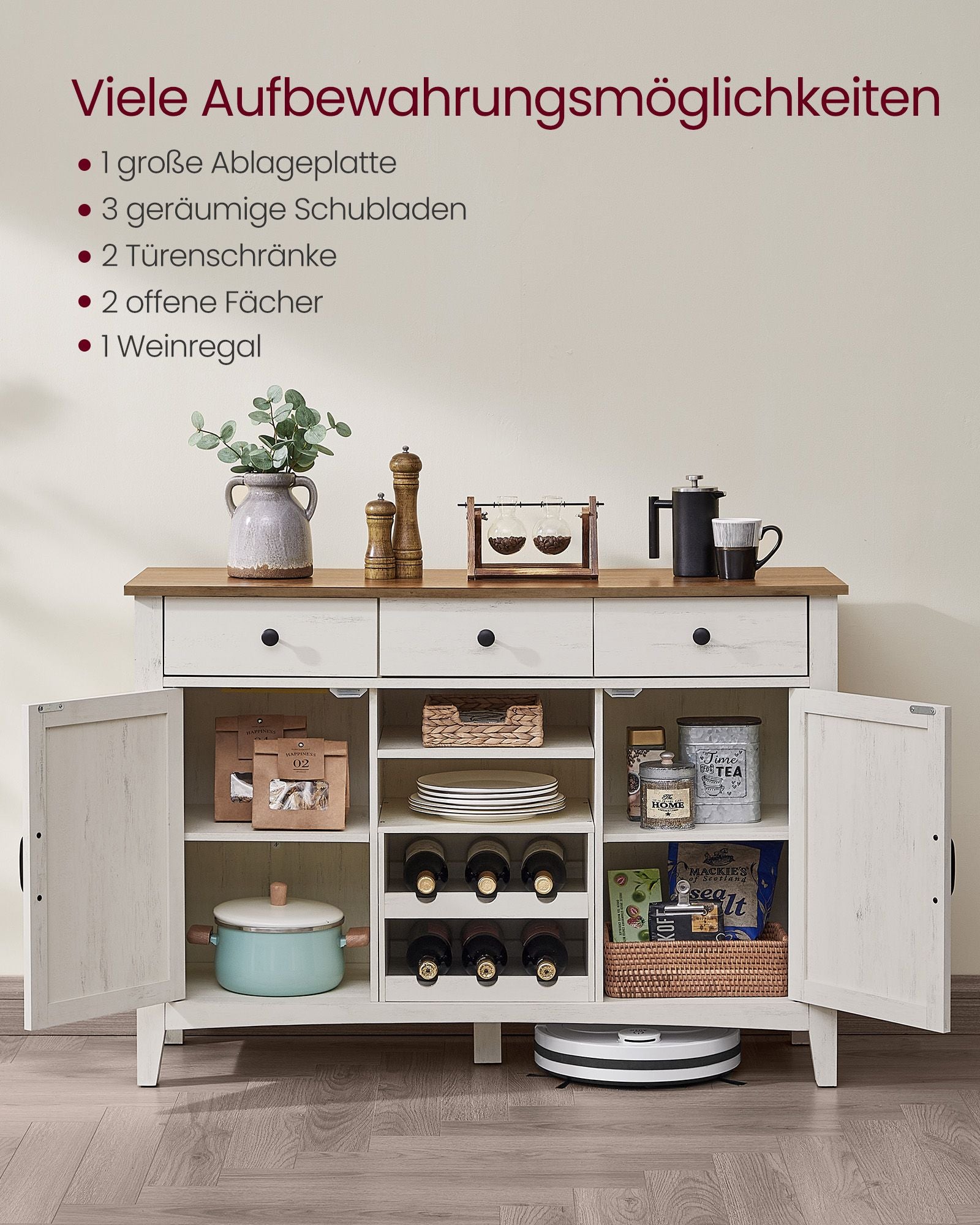 Keukenkast met wijnrek – vintage stijl – wit-honingbruin